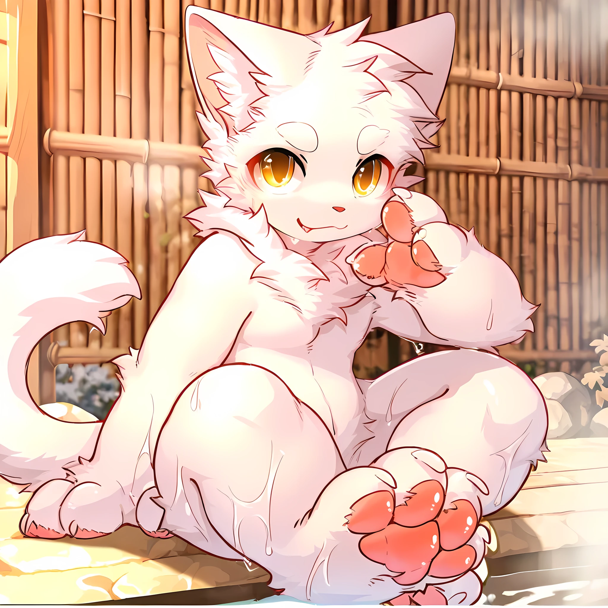 Young male white cat, Pure white skin, Sitting on side of onsen, Wet, Front view, Full body view, Tail, Pawpads, Animal hands and feet, highres, masterpiece, best quality