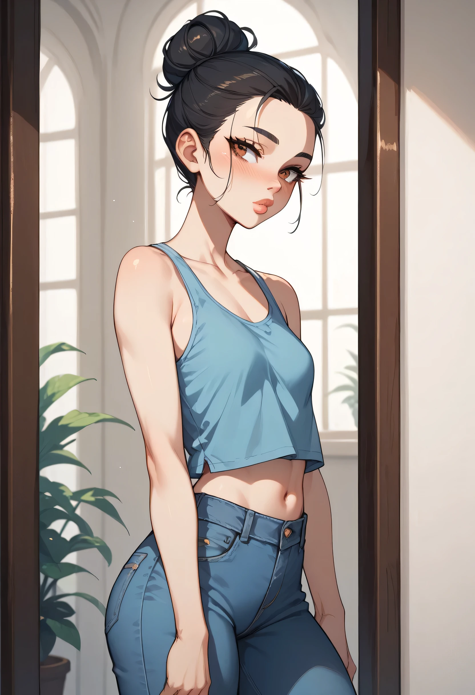 1girl, black hair, (hair bun low), (forehead), black thin eyebrows, big brown eyes, black eyeliners, blush, nose, thick lips, beautiful girl, small , blue tank top, blue jeans, ((standing))