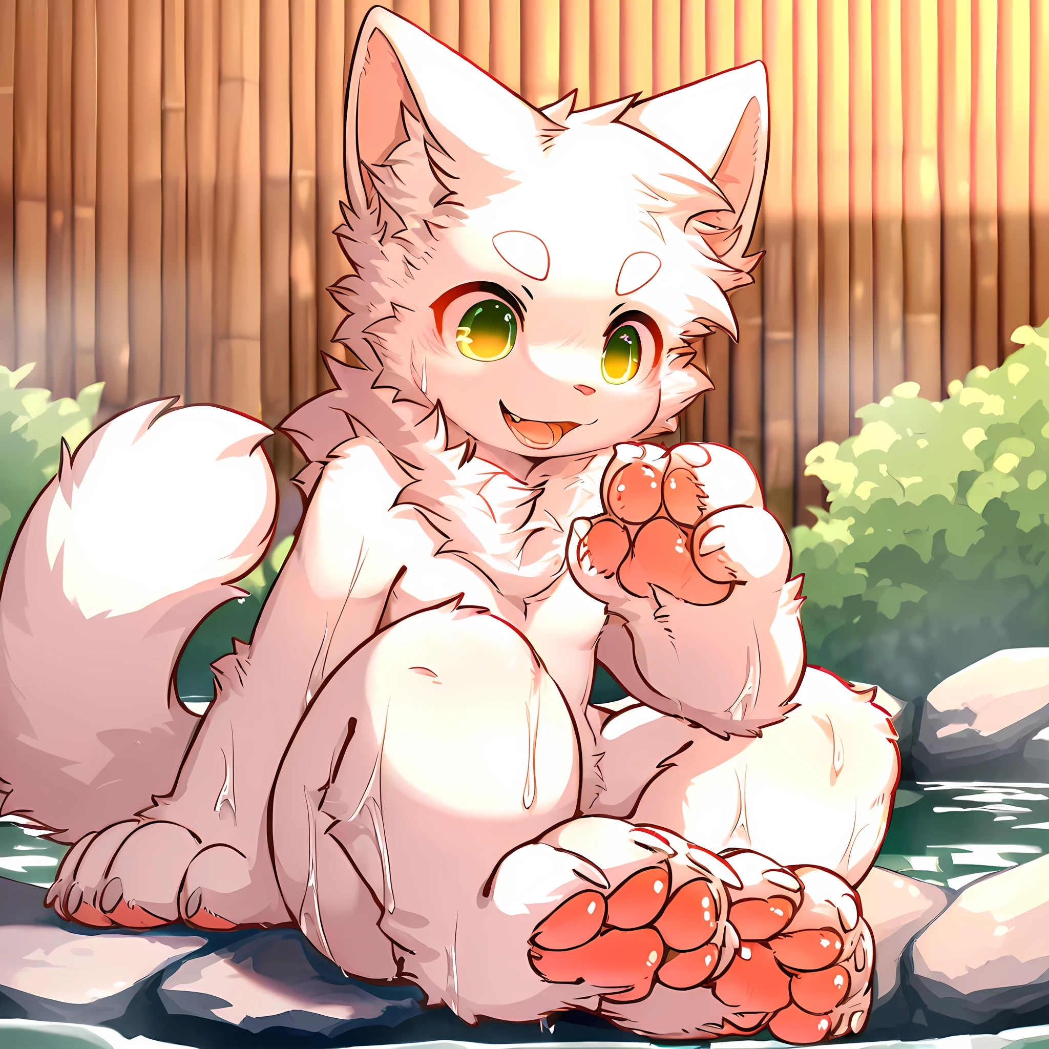 Young male white cat, Pure white skin, Sitting on side of onsen, Wet, Front view, Full body view, Tail, Pawpads, Animal hands and feet, highres, masterpiece, best quality
