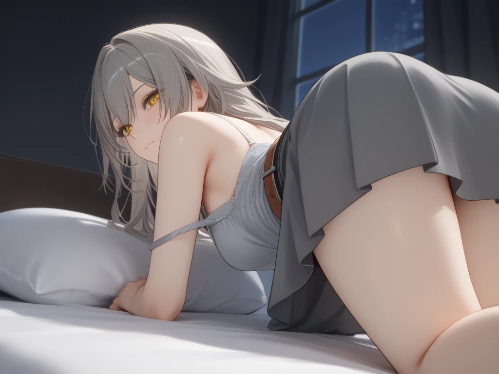 Masterpiece, best quality, 1 girl, Usagi Hana, gray hair, short hair, hair between the eyes, bangs, blue eyes, skin fangs, , (bracelet: 0.7), , large breasts, , , ,, alone, lower body, bending over , looking at viewer, simple background, bending over , massive butt , , naked , white bed , booty , view from behind the body , naked , hair covering eyes , big butt , red blush , hearts , pussy , grabbing booty , white curtains , asshole wide open , moaning , cum on booty , booty in front of viewer