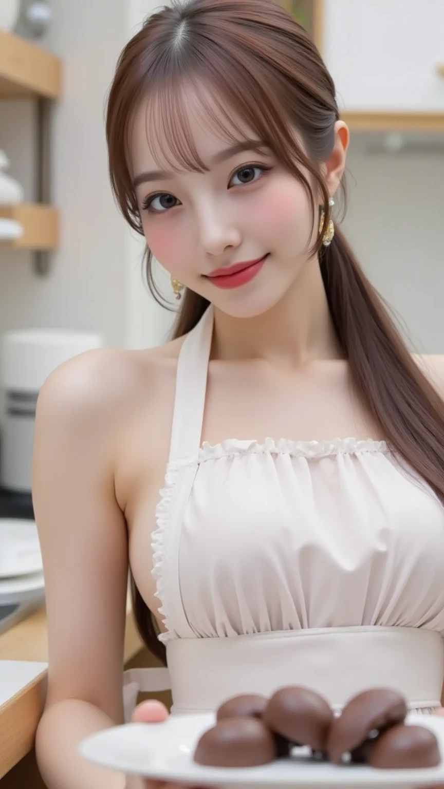 Product quality, One girl, Full Body Shot, Front view, Young and pretty girl in Japan, Shoulder-length hair, She was wearing only a pink silk satin apron with white frills around her naked body.、With a big smile, Cooking in a luxurious kitchen, Attractive person, Wet Hair, Wet body, Big Breasts, Super cute face, Glossy Lips, Double eyelids on both eyes, Natural Makeup, Long eyelashes, Shiny and smooth light brown hair, Asymmetrical bangs, Fair skin, Center image, High resolution, Attention to detail, Detailed hairstyle, Detailed face, Cinema Lighting, Octane Rendering, Vibrant, Ultra-realistic, Perfect limbs, Perfect Anatomy