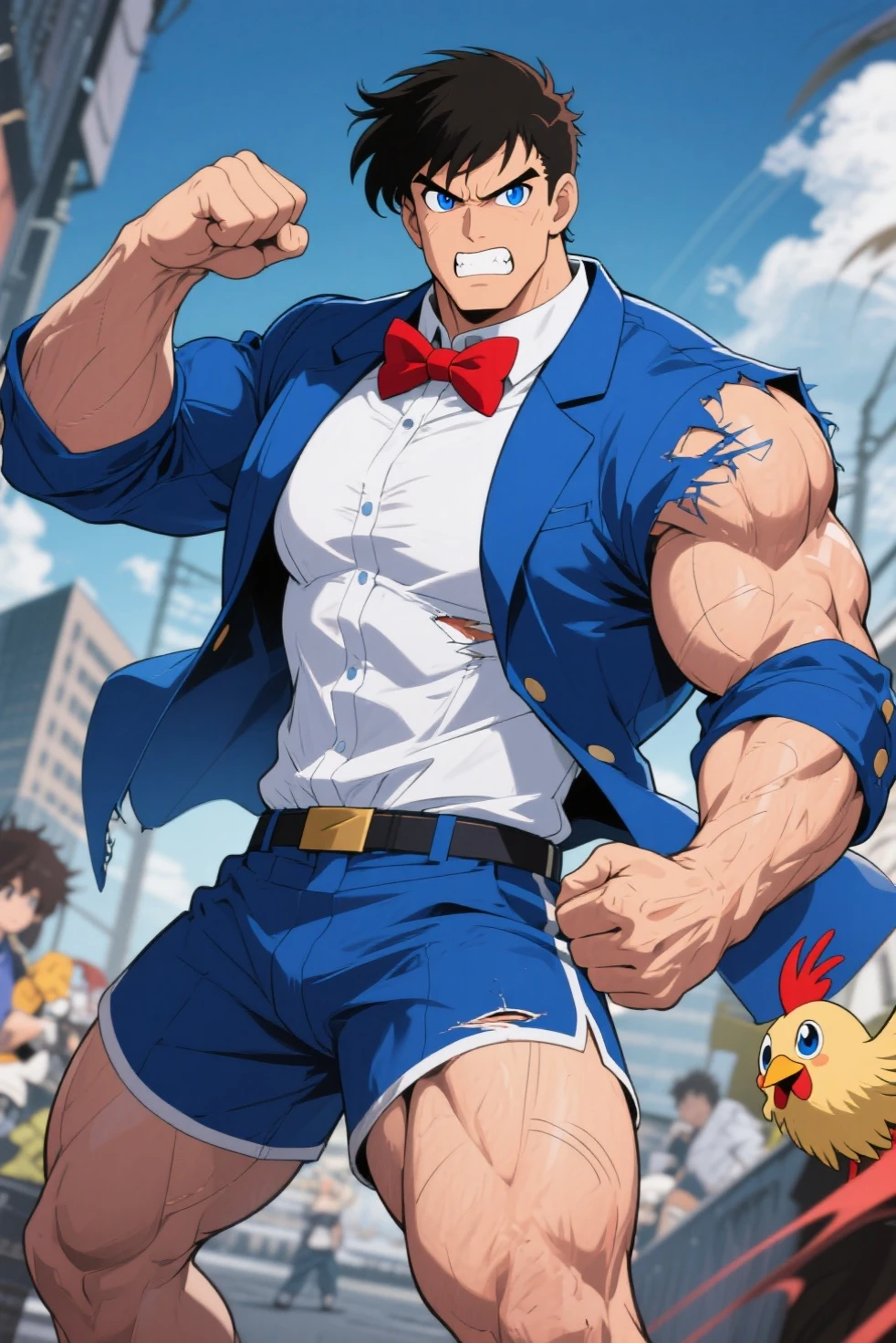 shirtless anime guy performing in front of a crowd, pose mais forte, bela pose de anime, personagem do rei dos lutadores, boku no hero academia style, estilo de arte de anime de alta qualidade, badass anime 8 k, personagem de estilo anime, estilo de anime limpo e detalhado, dancing in the background, epic anime style, capa de anime, arte oficial altamente detalhada, in my hero academy