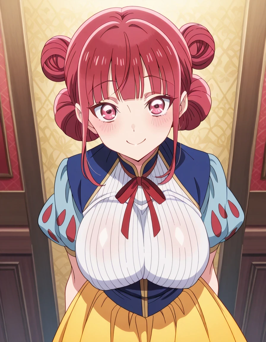 傑作、best quality、best resolution、best image quality、amazing quality、 very aesthetic、 absurdres、anime coloring、anime screencap、anime screenshot、1girl、<lora:hina-chouno-alpha-ponyxl-lora-nochekaiser:1>、hina chouno、short hair、pink hair、pink eyes、bangs、blunt bangs、sidelocks、hair bun、double hair bun、covered breasts、big breasts、covered boobs、large boobs、mature girl、<lora:snow-white-cosplay-illustriousxl-lora-nochekaiser:1>、snow white cosplay、snow white (disney) (cosplay)、cosplay、dress、red hair bow、puff and slash sleeves、puffy short sleeves、puffy sleeves、red bow、light blue short sleeves、yellow skirt、navy blue dress、stage、stage set、standing、indoors、smile、blush、looking at viewer、cowboy shot、dutch angle、
