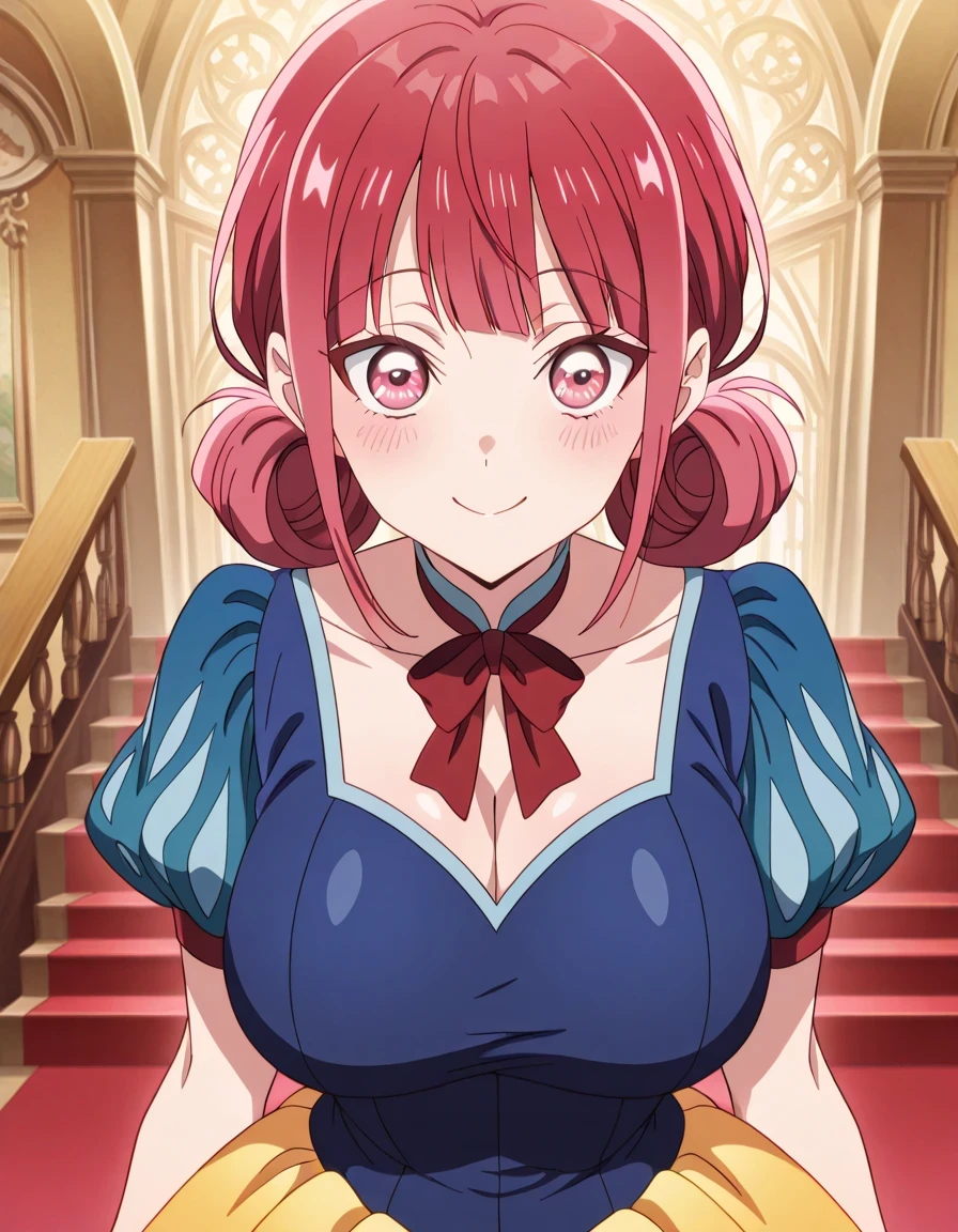 傑作、best quality、best resolution、best image quality、amazing quality、 very aesthetic、 absurdres、anime coloring、anime screencap、anime screenshot、1girl、<lora:hina-chouno-alpha-ponyxl-lora-nochekaiser:1>、hina chouno、short hair、pink hair、pink eyes、bangs、blunt bangs、sidelocks、hair bun、double hair bun、covered breasts、big breasts、covered boobs、large boobs、mature girl、<lora:snow-white-cosplay-illustriousxl-lora-nochekaiser:1>、snow white cosplay、snow white (disney) (cosplay)、cosplay、dress、red hair bow、puff and slash sleeves、puffy short sleeves、puffy sleeves、red bow、light blue short sleeves、yellow skirt、navy blue dress、stage、stage set、standing、indoors、smile、blush、looking at viewer、cowboy shot、dutch angle、