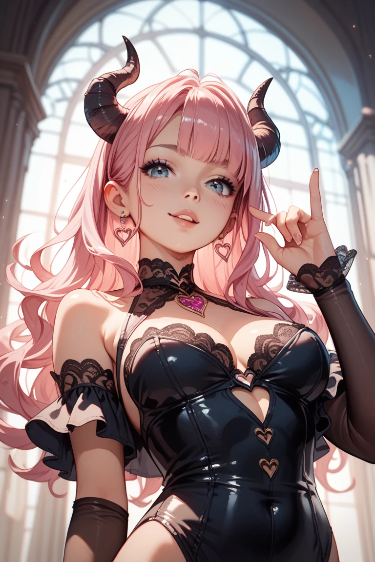 4k, twin tails ,Lens flare, pink hair ,mascara, eyeliner, god rays, 4k, 8k, best quality, masterpiece, hyper detailed, intricate detail, 1girl, solo, detailed, Detailed fuschia hair ++, detailed pink eyes ++, raytracing, perfect shadow, highres, enhanced eyes, huge breasts, horns, evil grin, fangs, face closeup, face close up, sparkles, extremely detailed eyes, ombre eyes, narrow eyebrows