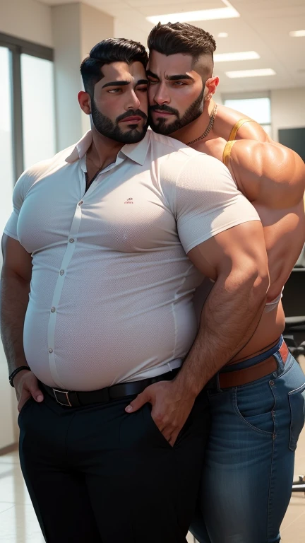 dois gordos, two chubbys muscular man, a chubby hairy man, oral sex, detailed genitals, fleshy bodies, sweaty, intimate, erotic, sensual, realistic, high quality, photorealistic, dramatic lighting, warm colors, cinematic, masterpiece
