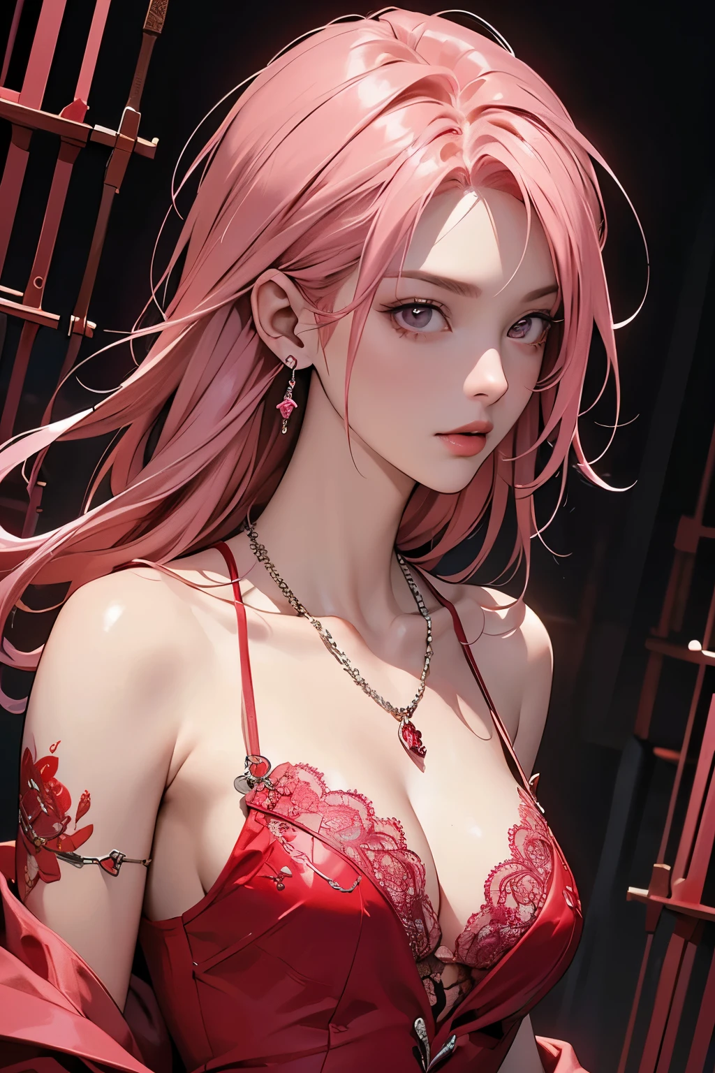Cool women、sexy、Center of chest、Rize from Chainsaw Man、beauty、Yandere、、Face close-up、Kiss with your eyes closed、Chest tattoo、Red lace、necklace、Pink Hair、(sexy)