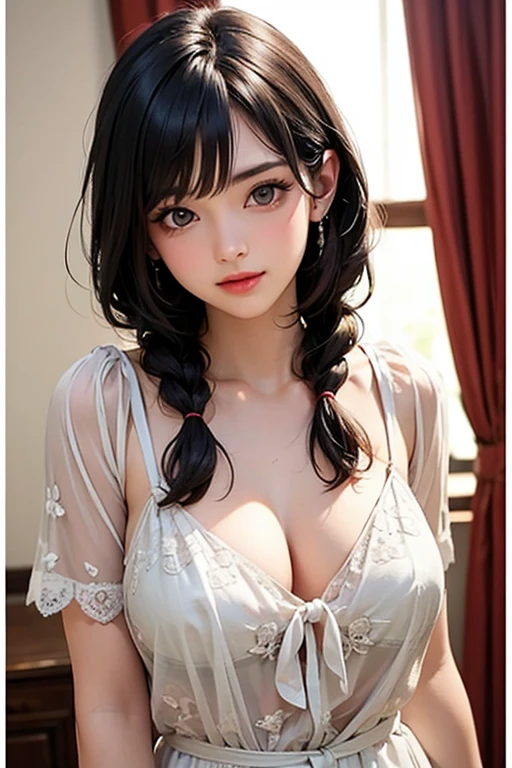 (tmasterpiece),(melhor qualidade),(altamente detalhado),(illustratio),(ultrahigh-resolution)uma menina,Traje fora do ombro,espanto,tutor,cabelos de cor preta,Cabelos longos lisos,camisa branca,mulher madura,Mulher de 40 anos,seios grandes,Scowling,Top-down view,Foto em close-up,Write homework,dentro no quarto,Estantes,Mesas