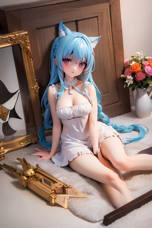 there are a lot of stuffed animals sitting on a shelf, ball jointed doll, artdoll, blue fur with white spots, sky-blue thick fur robes, female furry mini cute style, blue fur, skydoll noa, wearing a bunny suit, with teal clothes, fully posable, bjd, cute fumo plush fox girl, hot naked girl, hot girl