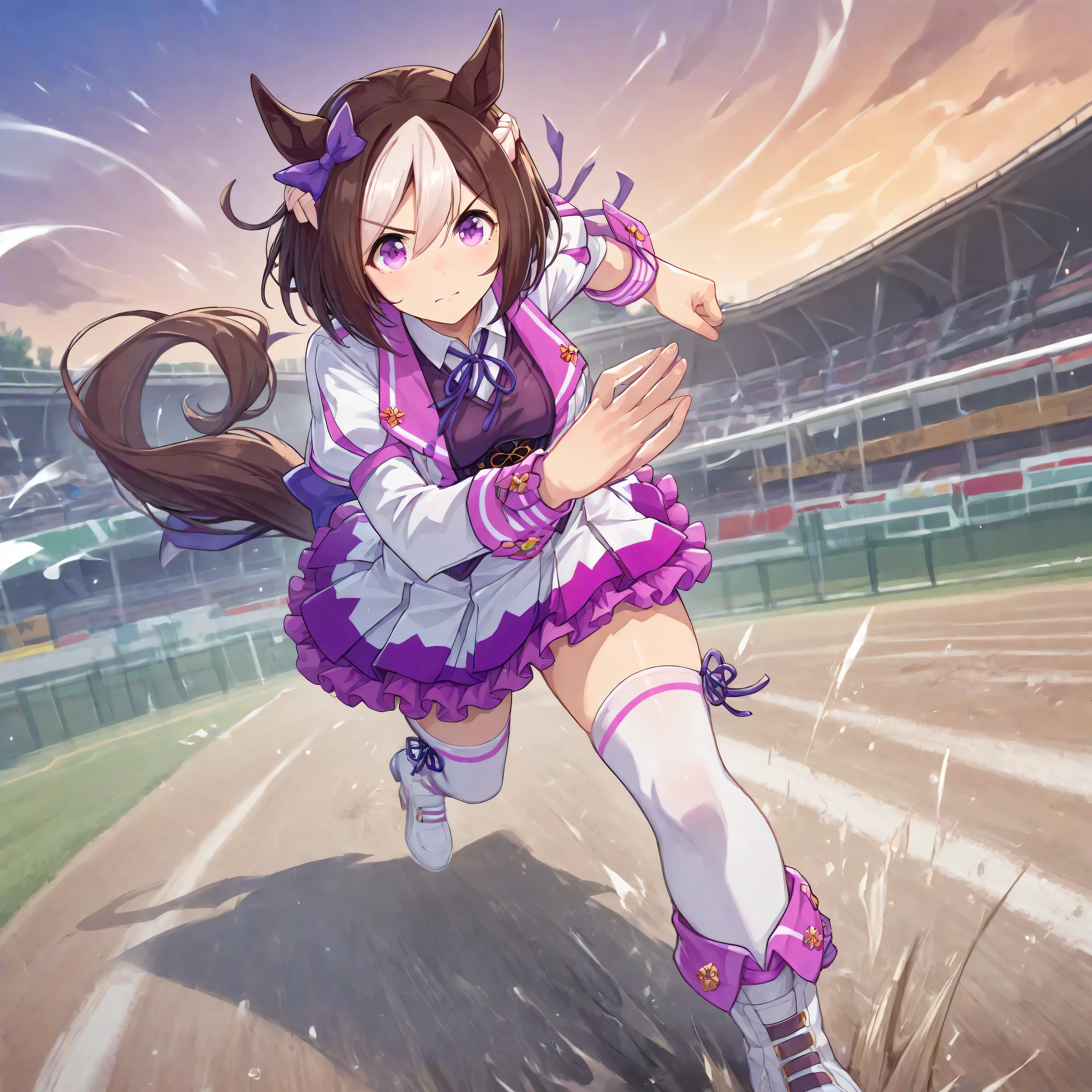 anime, lazypos, masterpiece, best quality, amazing quality, at racetrack, turf racetrack, 1girl, solo, running, special week \(umamusume\) horse girl, horse ears, pink eyes, two-tone hair, brown hair, purple bow, ear bow, braid, ear bow, purple bow, puffy short sleeves, neck ribbon, blue ribbon, cropped jacket, white jacket, two-tone jacket, collared shirt, white shirt, purple vest, wristband, wrist cuffs, white skirt, pleated skirt, two-tone skirt, frilled skirt, frills, zettai ryouiki, white thighhighs, white footwear, purple footwear, asymmetrical footwear, mismatched footwear, high heels,