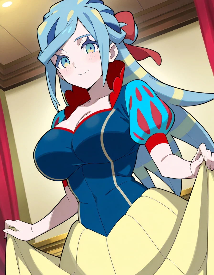 傑作、best quality、best resolution、best image quality、amazing quality、 very aesthetic、 absurdres、anime coloring、anime screencap、anime screenshot、<lora:pokemon_grusha_ponyXL:0.8>、1woman、pokemon grusha、solo、long hair、aqua eyes、blue hair、green hair、aqua hair、multicolored hair、hair bun、睫毛、half up hair、covered breasts、big breasts、very large breasts、covered boobs、large boobs、mature female、<lora:snow-white-cosplay-illustriousxl-lora-nochekaiser:1>、snow white cosplay、snow white (disney) (cosplay)、cosplay、dress、red hair bow、puff and slash sleeves、puffy short sleeves、puffy sleeves、red bow、light blue short sleeves、yellow skirt、navy blue dress、stage、stage set、standing、indoors、smile、blush、looking at viewer、cowboy shot、dutch angle、