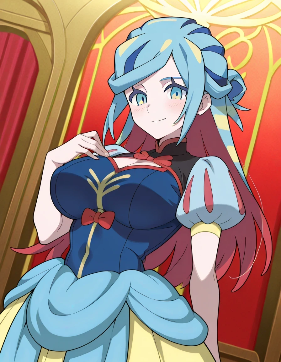 傑作、best quality、best resolution、best image quality、amazing quality、 very aesthetic、 absurdres、anime coloring、anime screencap、anime screenshot、<lora:pokemon_grusha_ponyXL:0.8>、1woman、pokemon grusha、solo、long hair、aqua eyes、blue hair、green hair、aqua hair、multicolored hair、hair bun、睫毛、half up hair、covered breasts、big breasts、very large breasts、covered boobs、large boobs、mature female、<lora:snow-white-cosplay-illustriousxl-lora-nochekaiser:1>、snow white cosplay、snow white (disney) (cosplay)、cosplay、dress、red hair bow、puff and slash sleeves、puffy short sleeves、puffy sleeves、red bow、light blue short sleeves、yellow skirt、navy blue dress、stage、stage set、standing、indoors、smile、blush、looking at viewer、cowboy shot、dutch angle、
