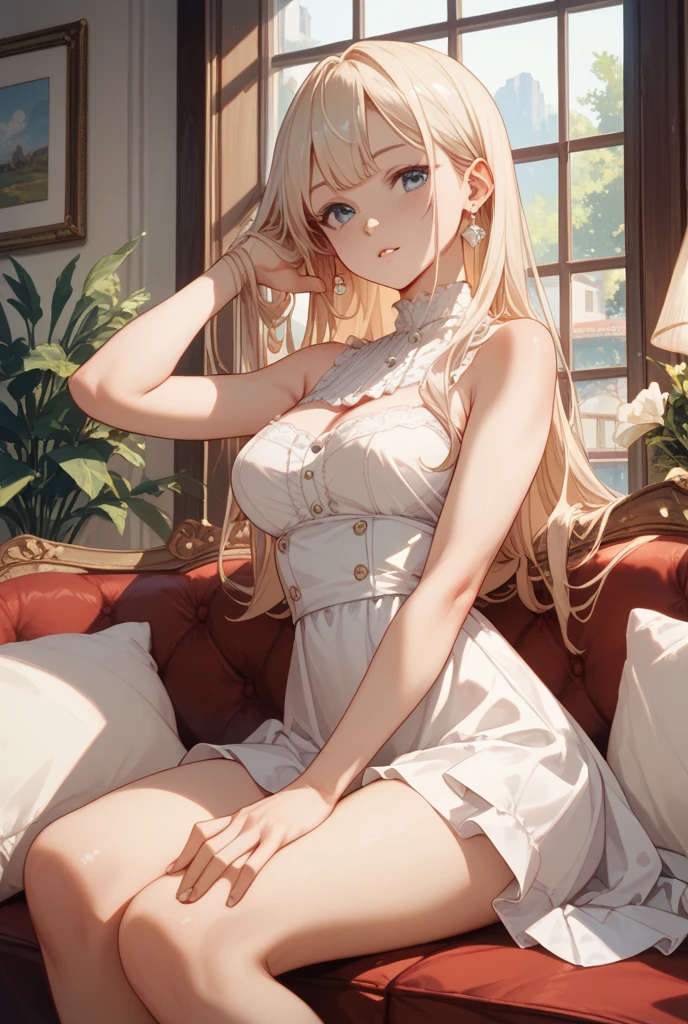 naked anime woman, blonde hair, white thigh high socks, white choker, sitting on couch, looking away, bored face