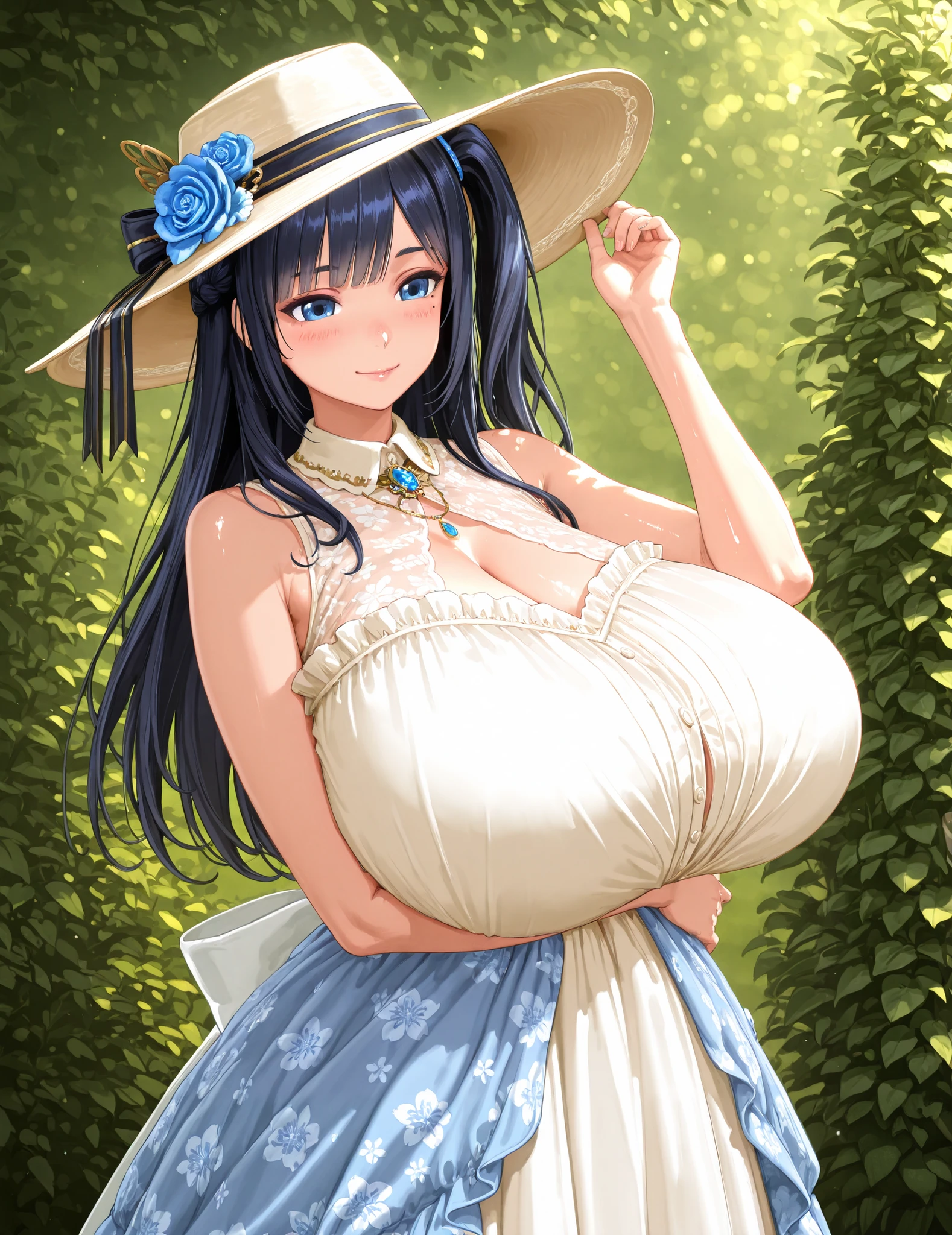 an anime style painting of a woman with very large breasts holding baskets, 1girl, breasts, solo, flower, black hair, underwear, blue eyes, outdoors, hair ornament, long hair, bra, looking at viewer, huge breasts, gigantic breasts, bangs, cleavage, jewelry, shiny, earrings,see-through dress