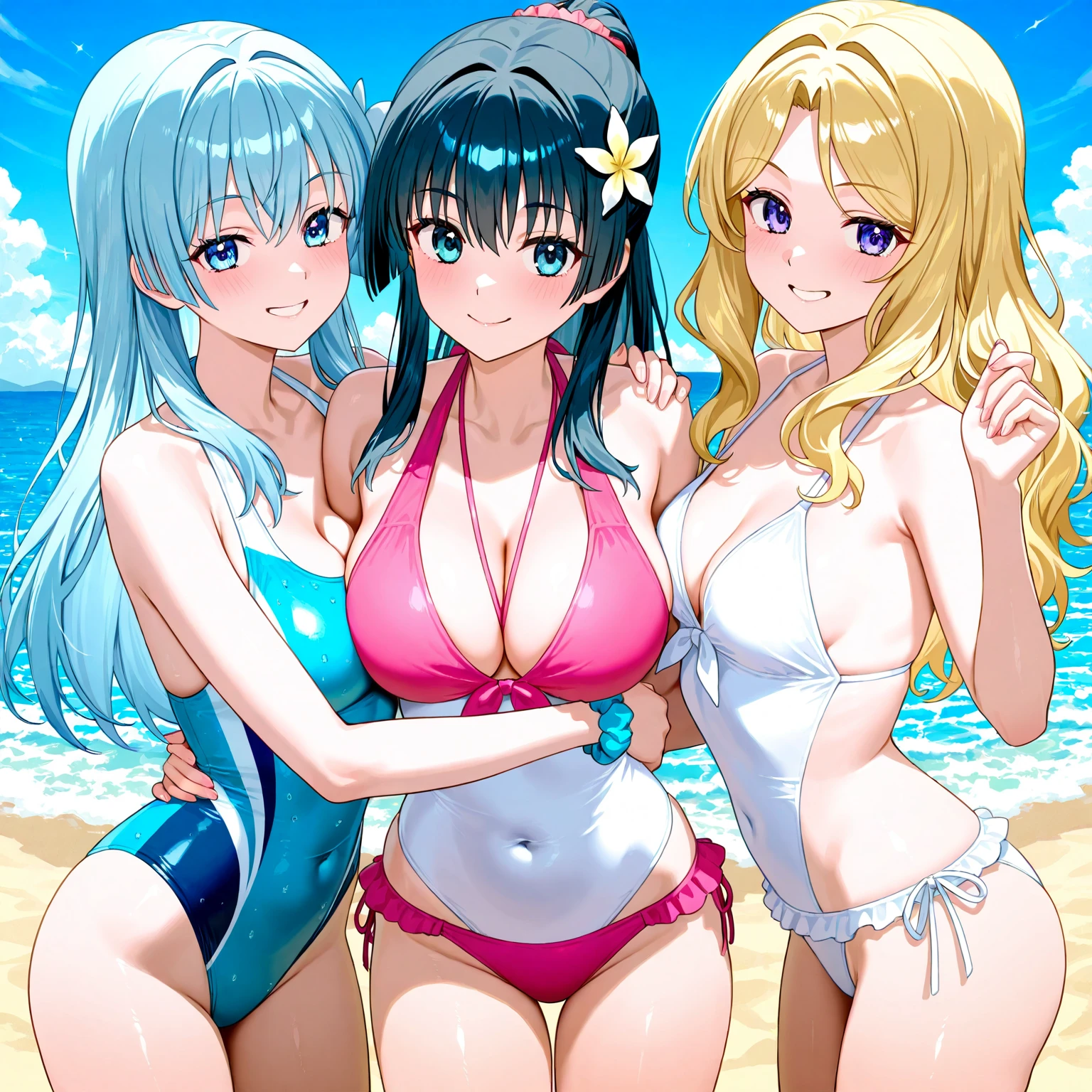 Highest quality、High resolution、Detailed Background、Realistic、RAW Photos、(Beautiful face in every detail:1.4)、Anatomically correct、(Normal number of fingers:1.2)、(Highly detailed face:1.4)、(Detailed eyes)、Teenage beauty、Perfect body line、(Huge breasts:1.2)、Light color hair、ponytail、Braided bob cut、Braided long hair、Wavy Hairstyle、well-groomed eyebrows、Cute gestures、Jokingly、Sunny sandy beach、Show the whole body、fits on the screen、Frilled bikini、bandeau bikini、A big smile、smile、

(Four beautiful pretty girls having fun with friends:1.5)、cute