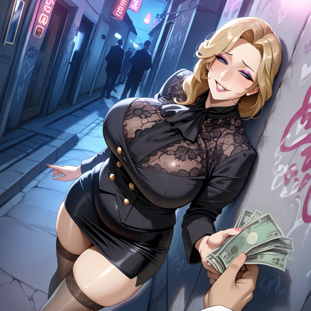 (((Solo)))、(((Big Tits、naked、Erotic)))、Golden fur, 濃いGolden fur, Golden Hair, 強烈なblue eyes, blue eyes, 強いblue eyes, Electric Blue Eyes, blue eyesの色, Huge lips, Swollen lips, (Perm、Ponytail hairstyle), , , Hourglass illustration, (Tight waist), trust, Superiority, Bratty, Brat, Being spoiled, Bully, Thick thighs, Earrings, On top of that, Diaphragm, Bermuda, smile, Half Plane, evil smile, pov money, sosteniendo money, money cayendo, Sweaty, , big , much money, money, green money, money flying, from the front, In a dark room (Soft Light, bed, closet, Windows...), , Grande aa , big , front, moneyを受け取る, Remittance handover、Big Lips、Apply pink lip gloss、bright、Condom in hand、(Leather mini skirt、Transparent panties fully visible、Black Stockings)