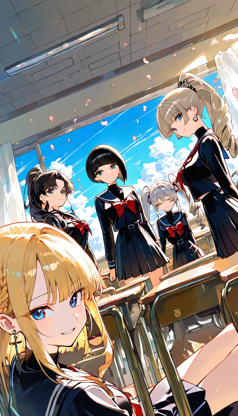 (Cute eyes:1.2), (Sparkling eyes:1.2),(Beautiful Eyes:1.2), Highest quality,wonderful,finely,Highly detailed CG Unity 8k wallpaper, (The three of them lined up and hugged:1.2),(Three people with different heights:1.3), (Three Girls, Sailor suit, Skinny body, Dressed), (), (Open your mouth:1.1),(White knee socks:1.1),(Thighs:1.3),(Waistline:1.2),(お揃いのSailor suit:1.2),(:1.2),(Beautiful eyes:1.2),(Different hairstyle),(All three have different eye colors:1.5),(All three have different skin colors:1.5),(Thighsまで隠れるニーソックス:1.4),(Showing off )