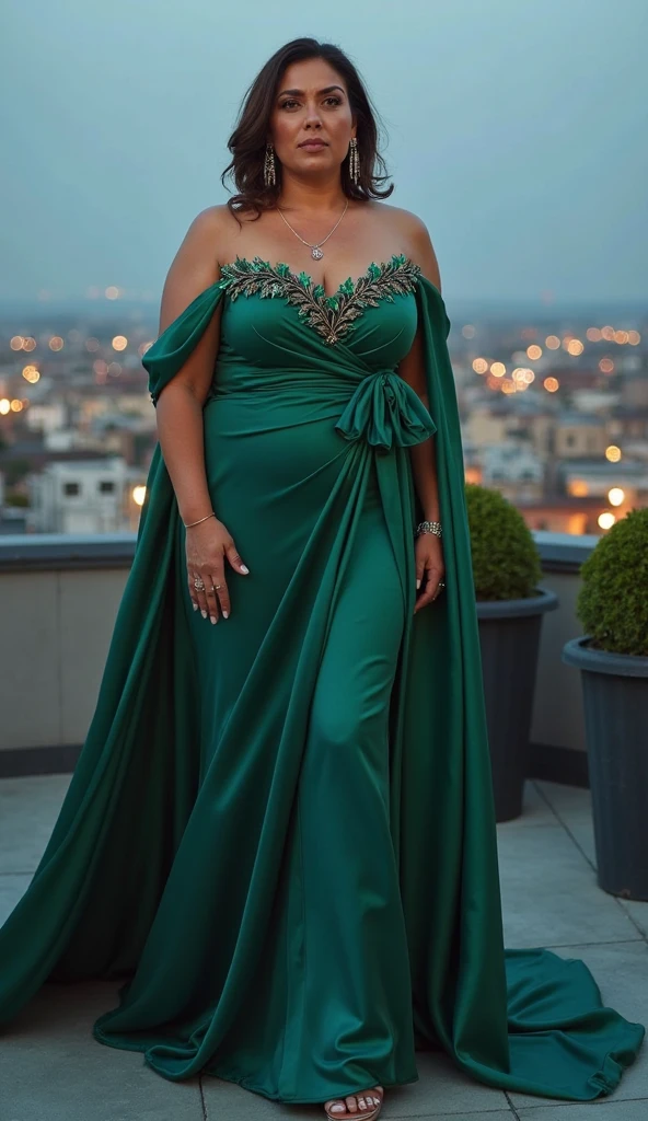 fait moi l'image d'une femme ronde  noire de 21 ans portant magnifique  robe de soirée longue manches verte 4xl verte avec des passion twist long sur la tête  (longeur 32) ... dans une salle de fête propose des accessoire  sur elle