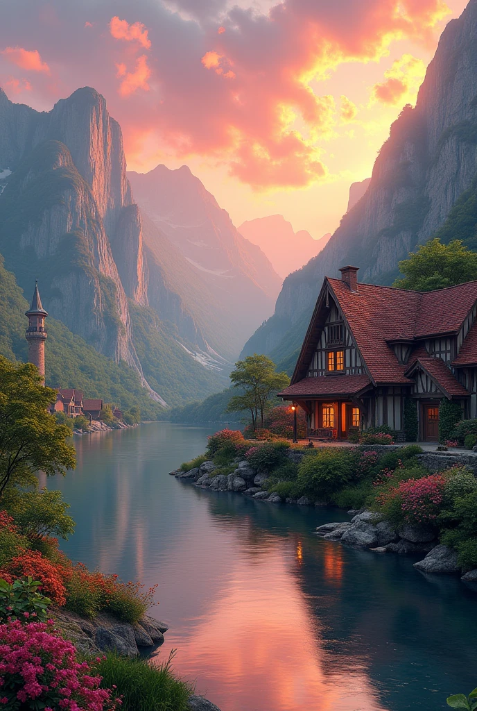 a small village by the river, mountains in the background, floral flowers colorful, detailed landscape, Beautiful natural landscapes, atmospheric lighting, scorching sunset, warm colours, practical, photopractical, Detailed Foliage, complex buildings, cobblestone street, Charming country house, swirly vibrant colors, lush vegetation, Still water reflections, Picturesque, idyllic, work of art, best qualityer, 8k, extremely detaild,anime styling
