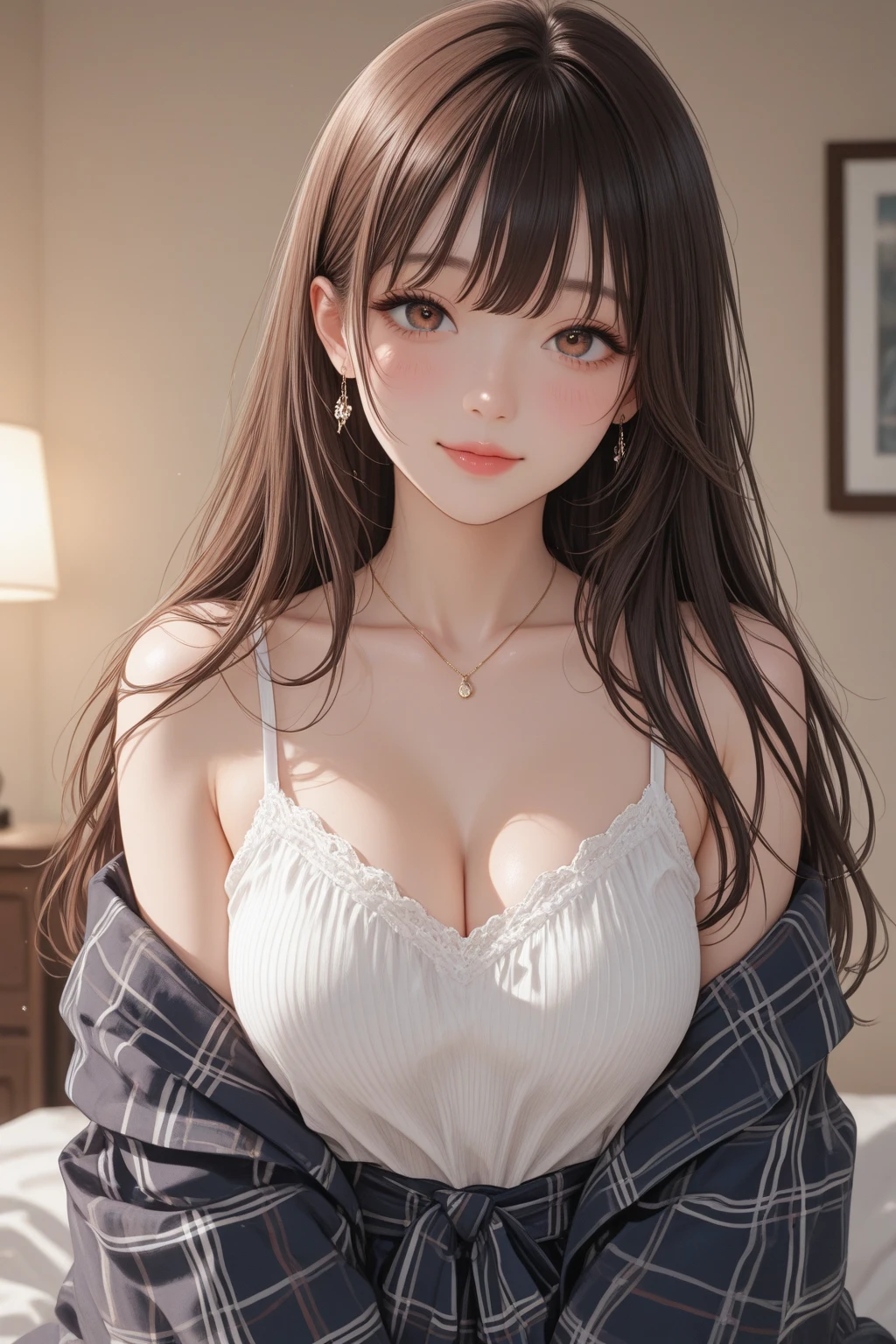 DETAILED, DENSE, MASTERPIECE, one girl, beautiful, wearing white cardigan, one girl lying on bed with blanket, brown hair, 22 years old, smooth skin, glowing skin, glowing hair, clear eyes, glowing eyes, brown eyes, soft lips, pale pink lips, (viewer Looking down: 0. 8) smiling slightly, cheeks stained, shy, mouth open, bangs, white sleeves, white clothing, one girl, soft skin, large breasts, glowing skin, cinematic lighting, rich lighting, room lighting, simple gold necklace, diamond necklace, white Lace bra, white lace panties, white lace underwear, high angle, low angle, (Masterpiece: 1.0), (Realistic: 1.6), (Soft Focus: 1.5)