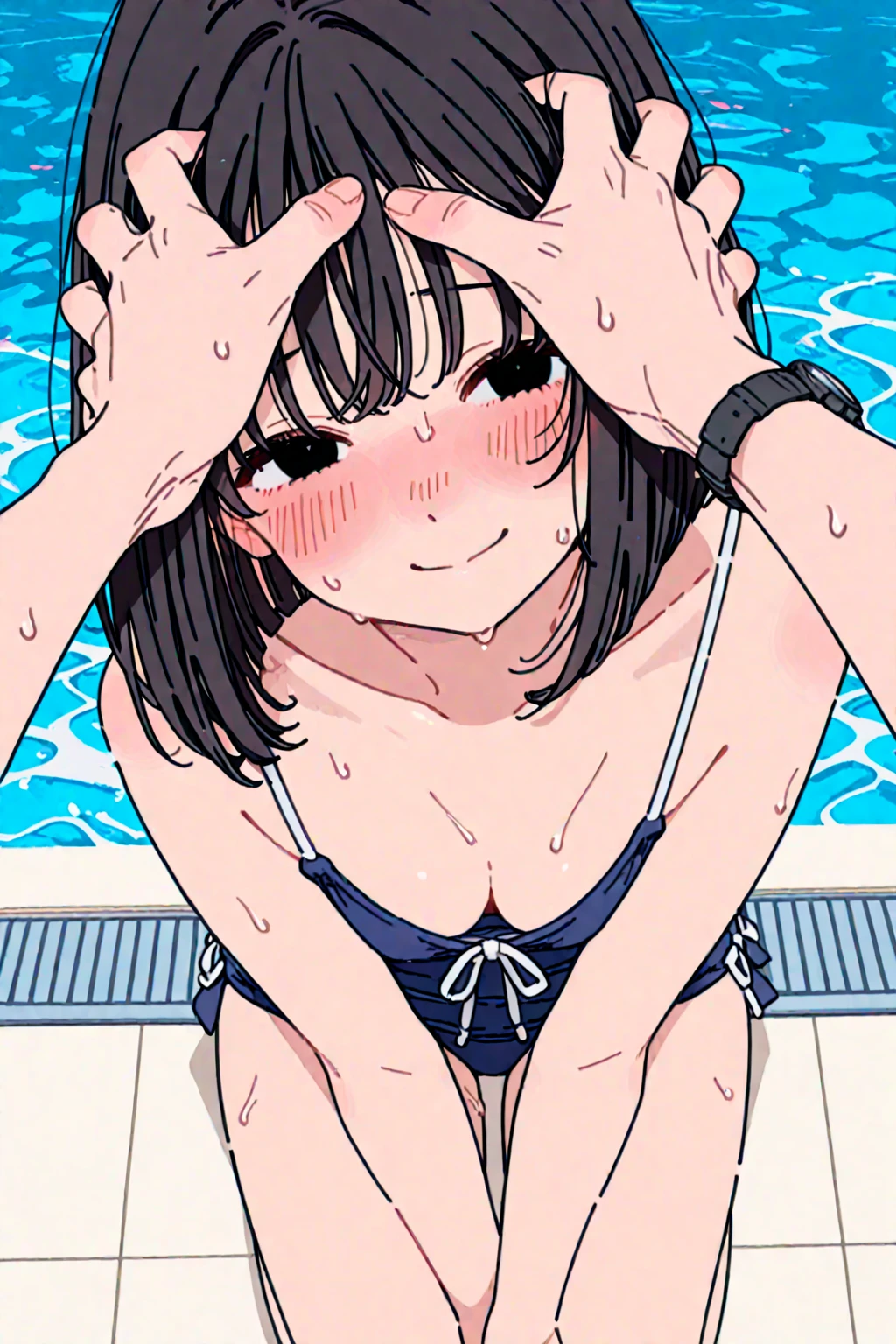 And soul、Stickers、1 beautiful girl、Little、(((Baby Face、Full body photo、tongue、long tongue、sticking out the tongue、Show inside of mouth、Open your mouth wide and show me your throat)))、blush、lipstick、Sleep on your back、short hair、Swimwear、Lots of drooling
