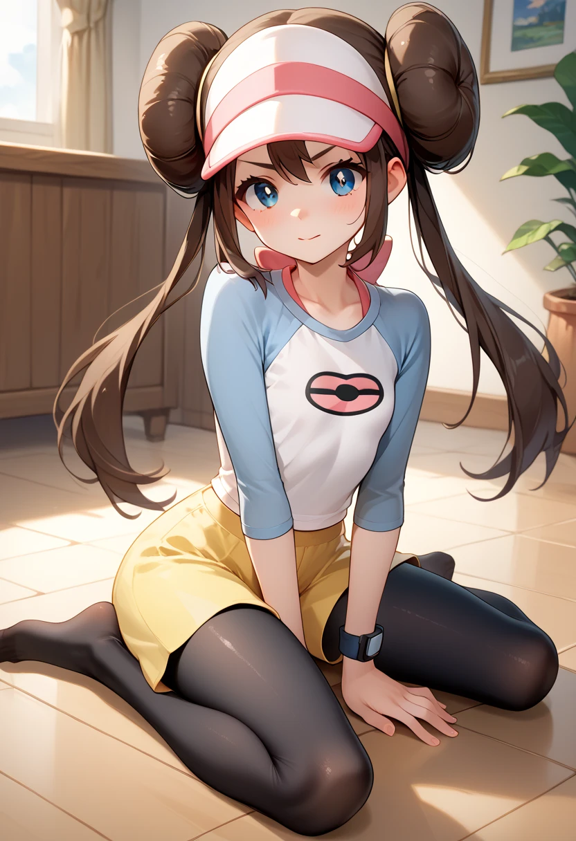 table top、highest quality、High resolution、1 girl、low length、Slender、shy smile、brown hair, bun hair, blue eyes, long twin tails, visor cap,( black tights), raglan sleeves, yellow shorts,shirt, pink bow, watch、outdoor、Photo of the subject from below、tits、((Loose shorts、white Panties are visible through the gap between the yellow shorts、panty peek, swhite panties, pantyshot))、raising one knee、Super perspective、wide shot、spreading legs