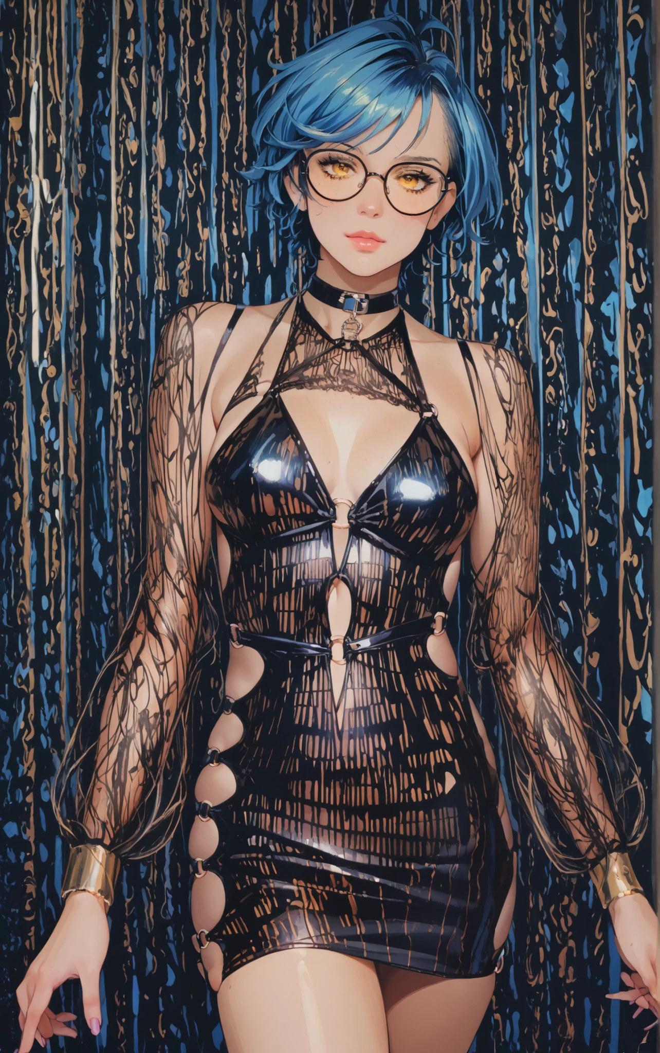 fake breast, round breast,,score_9, score_8_up, score_7_up, score_6_up, 8k, high detailed picture, realistic style, masterpiece, very young girl, no panty, perfect absolutely small breasts, disheveled hair, zhenya_es, ahoge, short hair, blue hair, yellow eyes, glasses, big brightness eyes, 16k, masterpiece, realistic style, perfect fingers, tomboy, pixie cut, circle-glasses, bodycon, shiny dress, microdress, o-ring, AniPnyXLQual, milf