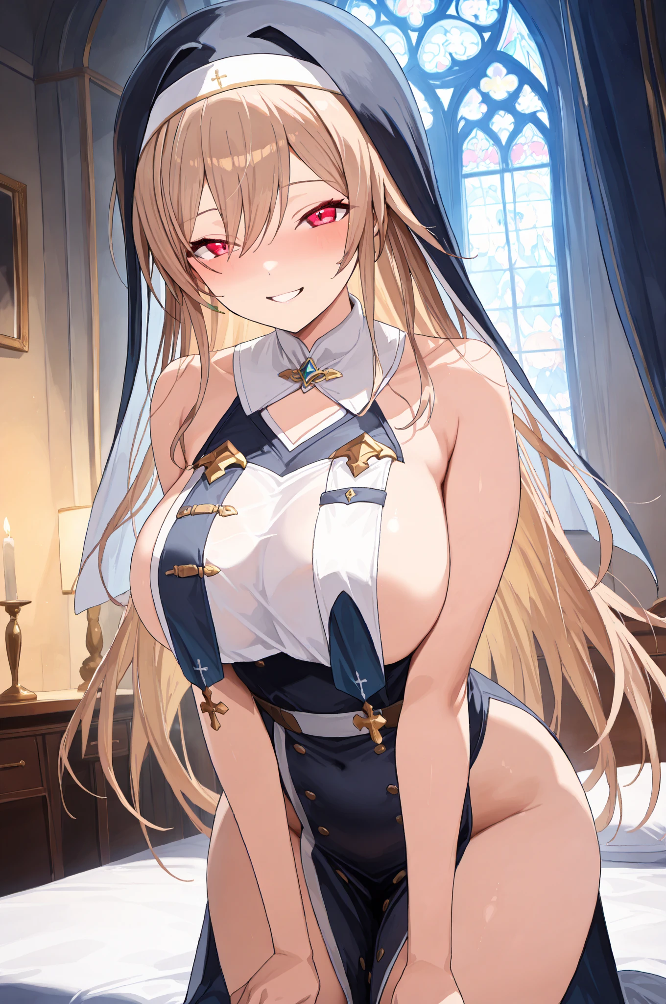 debris flies, highest quality, Highly detailed CG Unity 8K wallpapers, sexy witch、((long dark blonde wavy hair))、off shoulder knit, magician hat, dark blue pleated skirt, stocking pedium chest, saggy breasts, (Pose that emphasizes the chest, blush, shy smile), bare shoulders, ((tits、nipple、no panties))、spread your legs wide、nice magic book、church cathedral、Love juice dripping from the pussy