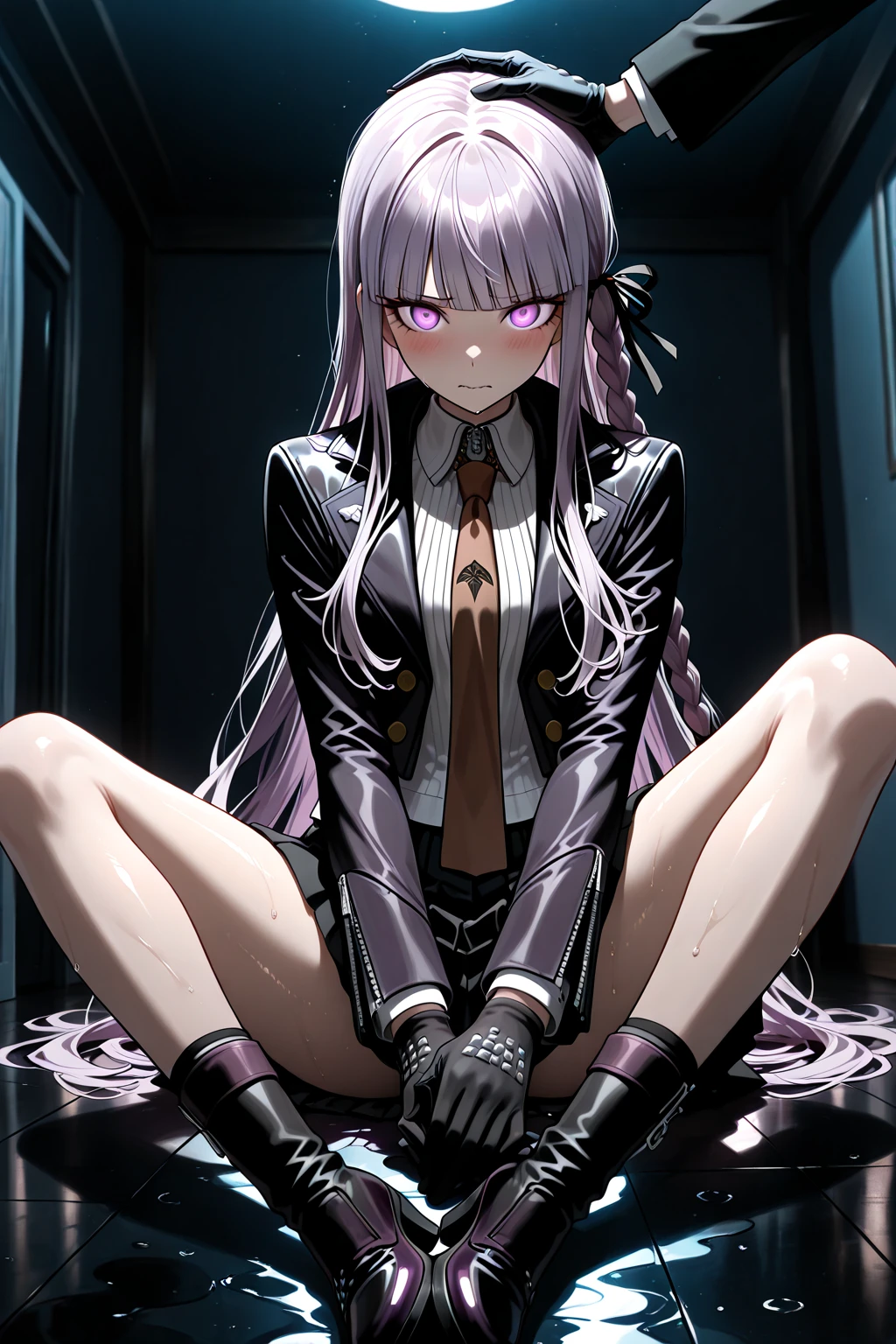 <lora:tashkentAzurLaneTheBoundCruiser_tashkentboundv106:1.2>,masterpiece,1girl,solo, purple hair, metal collar, tears,cry,tearing up, white legwear, chain leash,bondage,bdsm, high ponytail,
