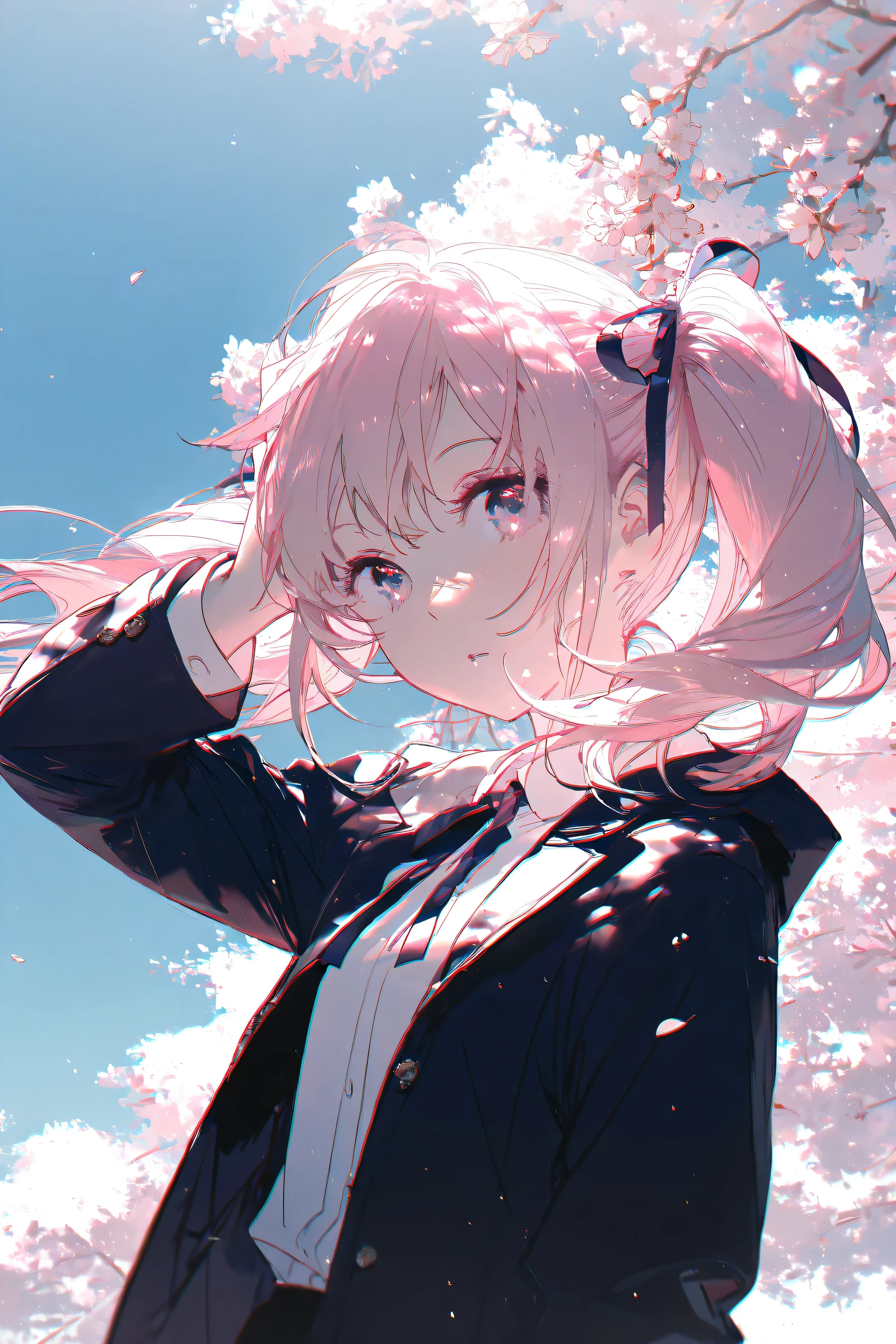 rella, 1girl, backlighting, blue sky, cherry blossoms, dappled sunlight, hand on own head, jacket, looking at viewer, pink hair, ribbon, shirt, sky, solo, sunlight, twintails, white shirt, chromatic aberration, film grain, very awa, masterpiece, best quality, highres, absurdres, newest, aesthetic, newest,
