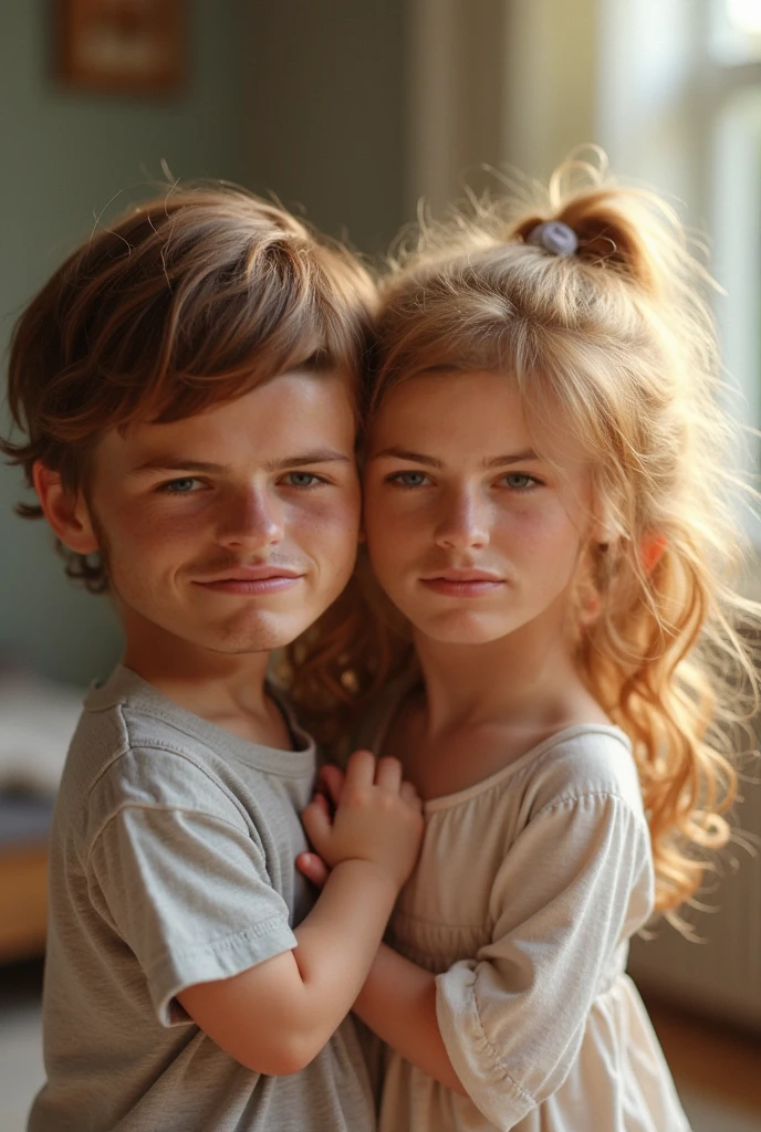 Create a photo of two children boys brothers, one with shoulder-length hair and another smaller, blonde one with angel hair 