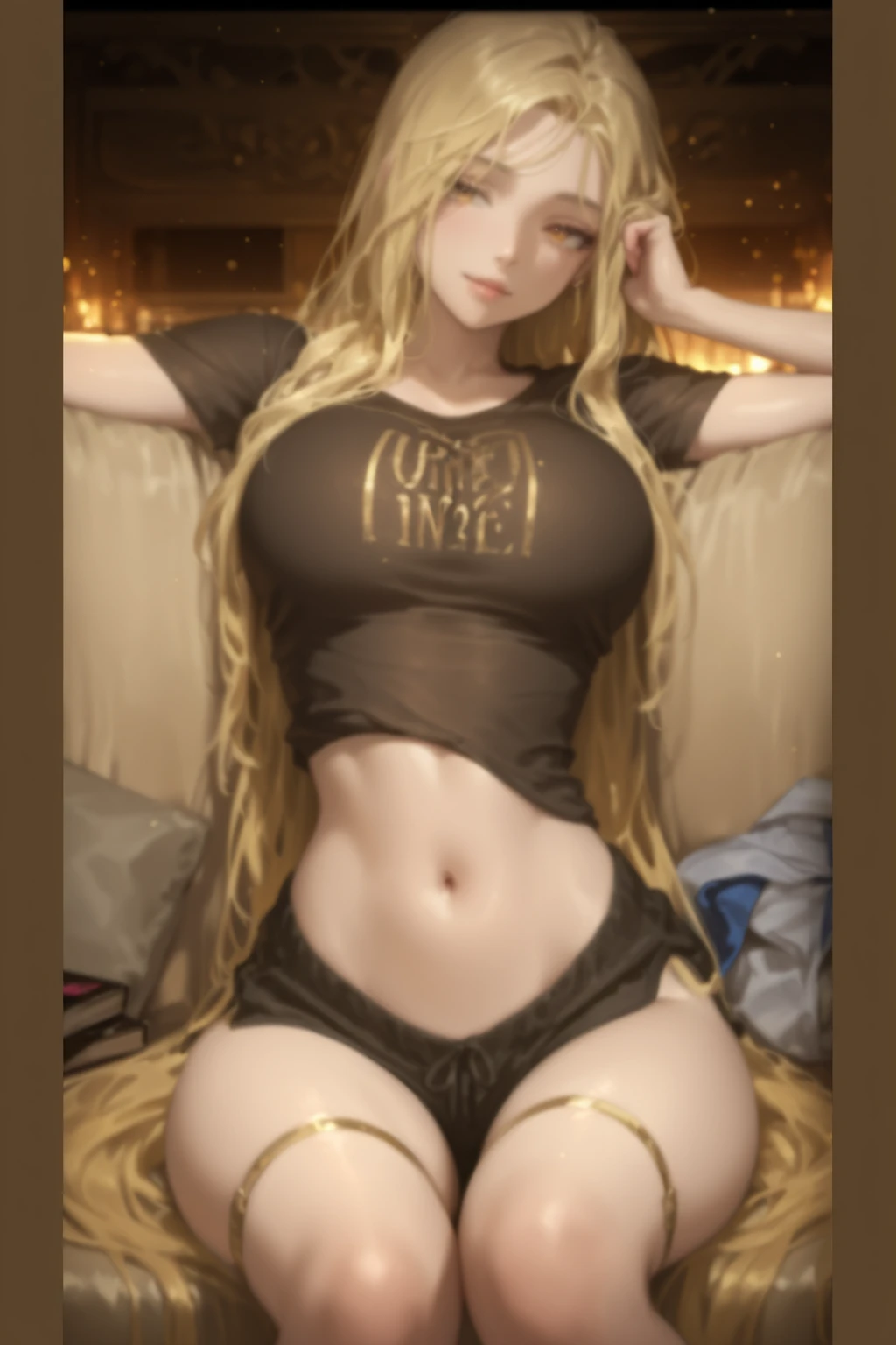 SOLO, one, ((1 gir)), Big round breasts, trendy, stylish, clevage, thighs, hips, realistic, blonde hair, light green eyes, lip gloss, detailed face, amazing big eyes, eye details, big lips, eyebrow details, black bikini, blush, confident, dominant, bdsm, smirk, naughty, mischevious face, HD, good quality, crop top, curvy, standing up, bedroom, indoors, thick thighs, attarctive, amazing body, perfect body