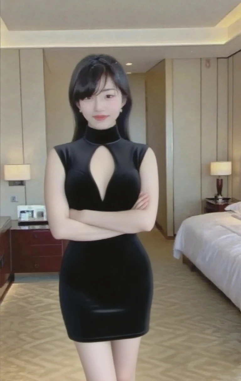 8k, masterpiece, RAW Photos, highest quality, Realistic, Extremely detailed CG unifies 8k, 8k, diamond, wallpaper, Depth of written boundary, Cinematic Light, Lens flare, Ray Tracing, (Very beautiful face, Beautiful Lips, Beautiful Eyes), Exquisitely detailed face, Kissing Face,((Highly detailed skin)) One girl, Bedroomで, Deep Shadow, Cute Korean Girl, K-Pop Idols,Nogizaka Idol, 1 girl, (Very slim and slender muscular body:1.3), ((Displaying the viewer)),(Big smile:1.3), (Bedroom),(There is no one in the background:1.3), shiny black pantyhose,Black silk elbow-length gloves,Black shiny silk knee socks,(Black silk elbow-length gloves:1.3), Clear Eyes, (Show your armpitsポーズ,Show your armpits,Spread your legs and straddle the chair), (Pale skin), (Big eyes), Look forward, (Brown Hair), (Full Body Shot), (Silk halter dress),((Black short silk dress:1.3)), (Displaying the viewer:1.3) , Very slim, Large Breasts, , (Full-body frontal photography)