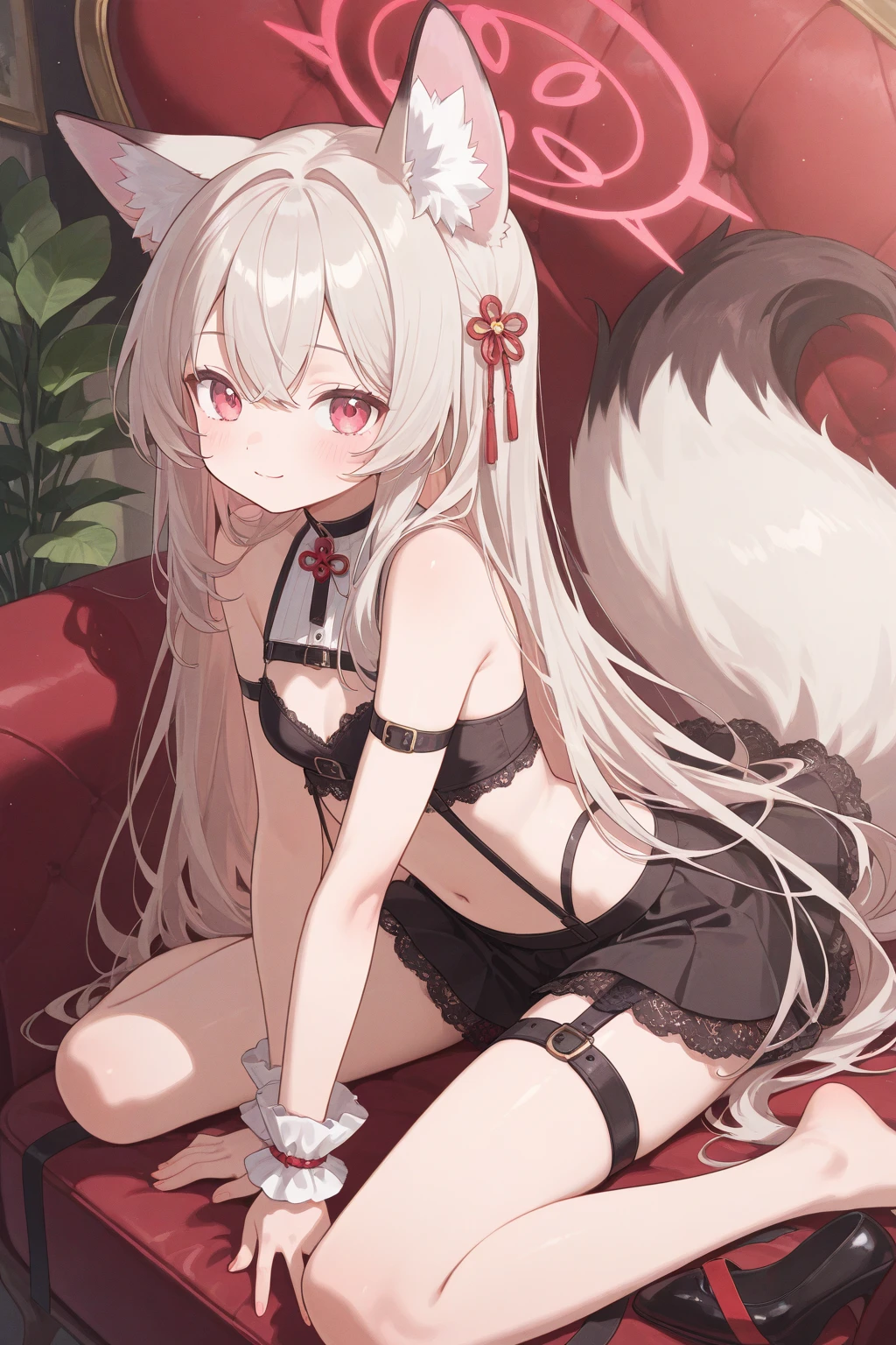 (beautiful detailed eyes, expressive eyes), perfect face, beautiful detailed face, (beautiful detailed hairs), ((best hand)), 1girl, young girl, curvy, (thin:0.6, skinny:0.5, fit_body:1.2), (large firm breasts), (white hair:1.2, short hair, hair between eyes), (reddish_pink_eyes:1.3), (fox tail:1.0, fox ears:1.0), blush, soft skin, subtle shy smile, (black lace gown with frilled sleeves, black thighhighs), cafe background, sitting outside of the cafe while looking at the viewer, (sfw), chibi,