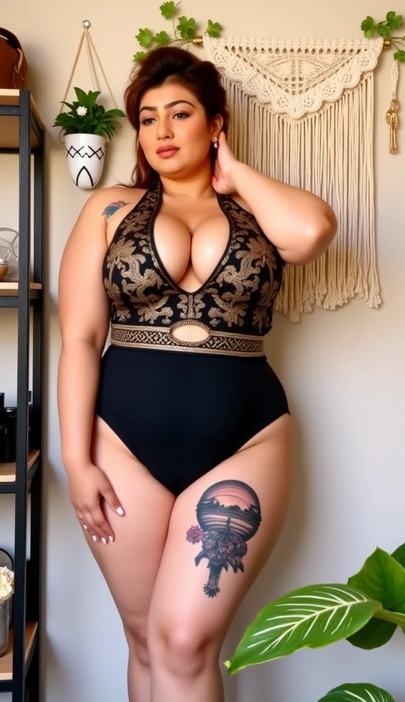((best quality)), ((masterpiece)), (detailed), perfect face, araffeTight skirtsShort , thicc, wavy short hair, she has a jiggly fat round belly, bbwchan, wearing tight simple clothes, skinny waist and thick hips, widest hips, her belly is fat and round, soft curvy shape, hyperrealistic full figure, wearing a cute top, wide hips, Blue swimsuit,On the beach by the seaBlue