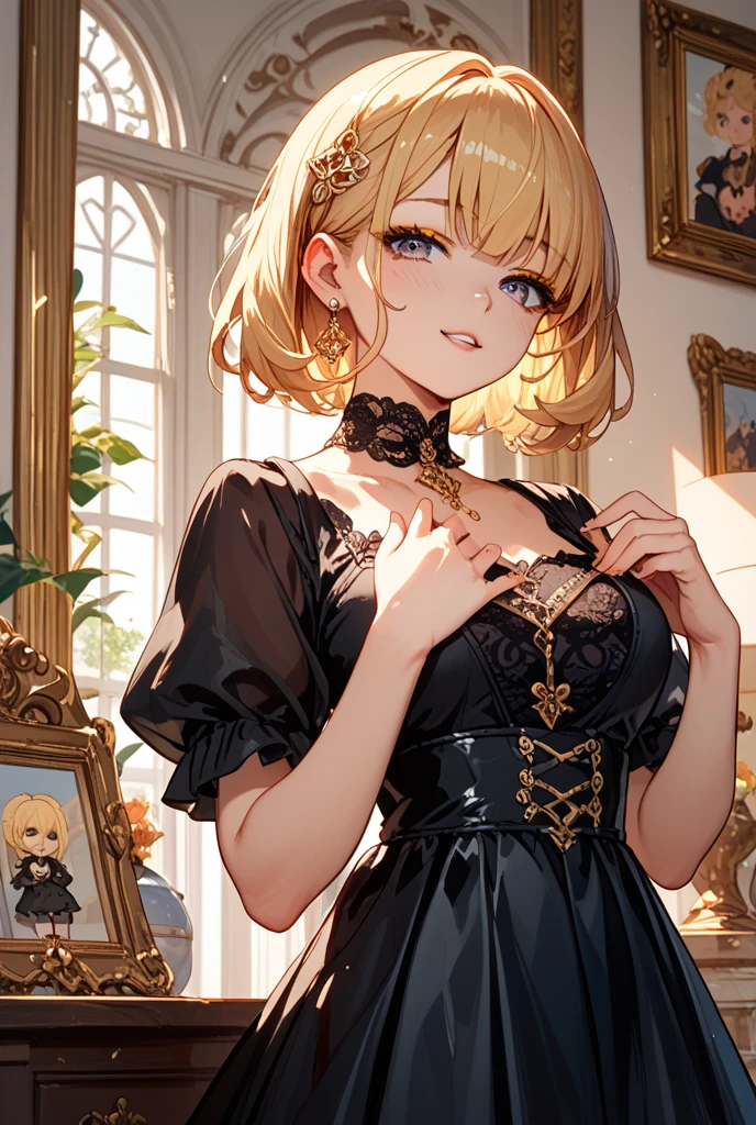 ((Highest quality, High resolution, masterpiece, detailed)),
Written boundary depth, View your viewers, Anatomically correct, １people, woman, Perfect Face, Cute and symmetrical face, Shiny skin,
(Medium Hair, Blonde), blue eyes, (Large Breasts:0.9),
Beautiful details, Beautiful Hair, Beautiful Face, Beautiful clavicle, Beautiful body, Beautiful breasts, Beautiful thighs, Beautiful legs,
(Black Dress), chocolate, ホワイトchocolateをる,