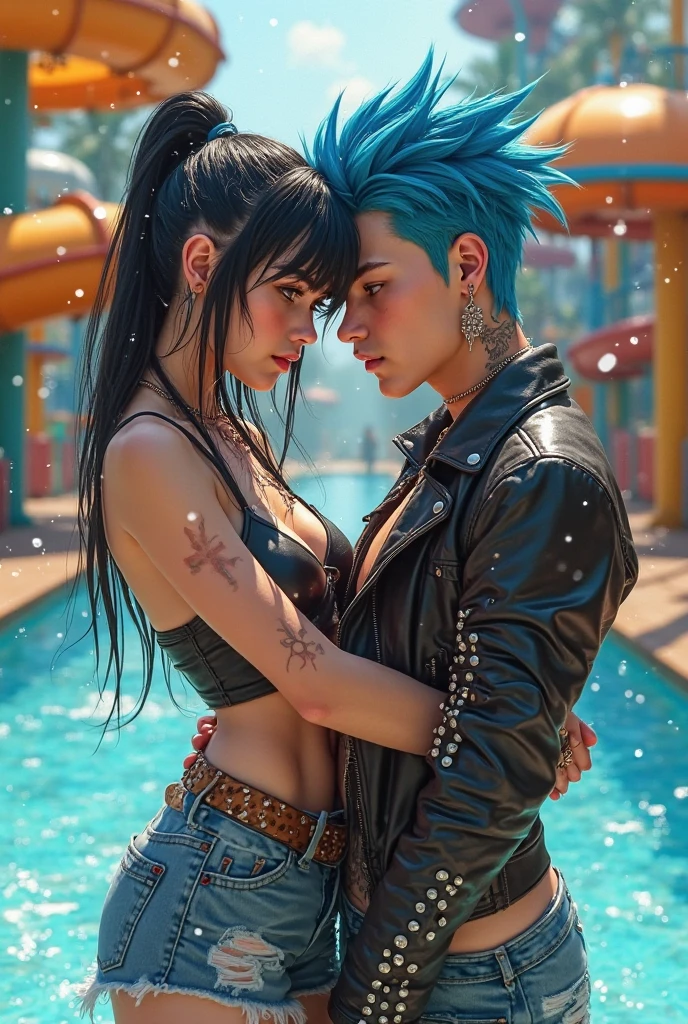 azarar, tattoo on the arms, azarar, Beautiful blue long braids, olhos simetricos azuis, perfeitos, mini saia branco, top branco,(( hugging handsome man, cabelo loiro, Camisa Preta )) homem tocando nela, polpa da bunda como se a saia tivesse subindo