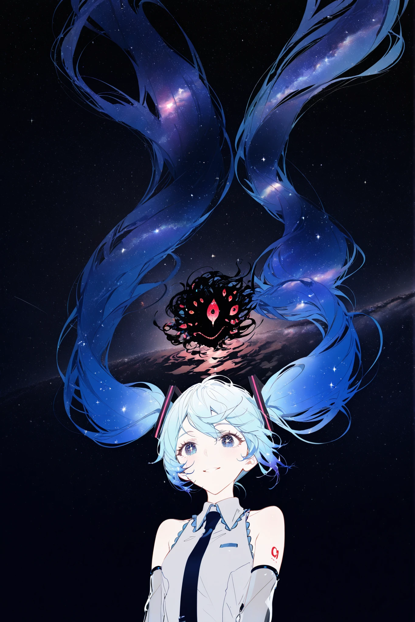 (rsef:0.8),rella,mizumi zumi,yunouou10,58_\(opal_00_58\),roitz \( roitz \),[:lineart,sketch: 15],1girl, hatsune miku, starry sky hair, white pupils, smile, (double exposure, starry sky print, starry sky hair, starry sky eyes:1.35),upper body, iridescent nebula galaxy, collared shirt, (eldrich abomination, red extra eyes in hair,:1.4), puffy hair,blending (pastel colors:1.2) night (floating long hair,HU1:1.2) nude