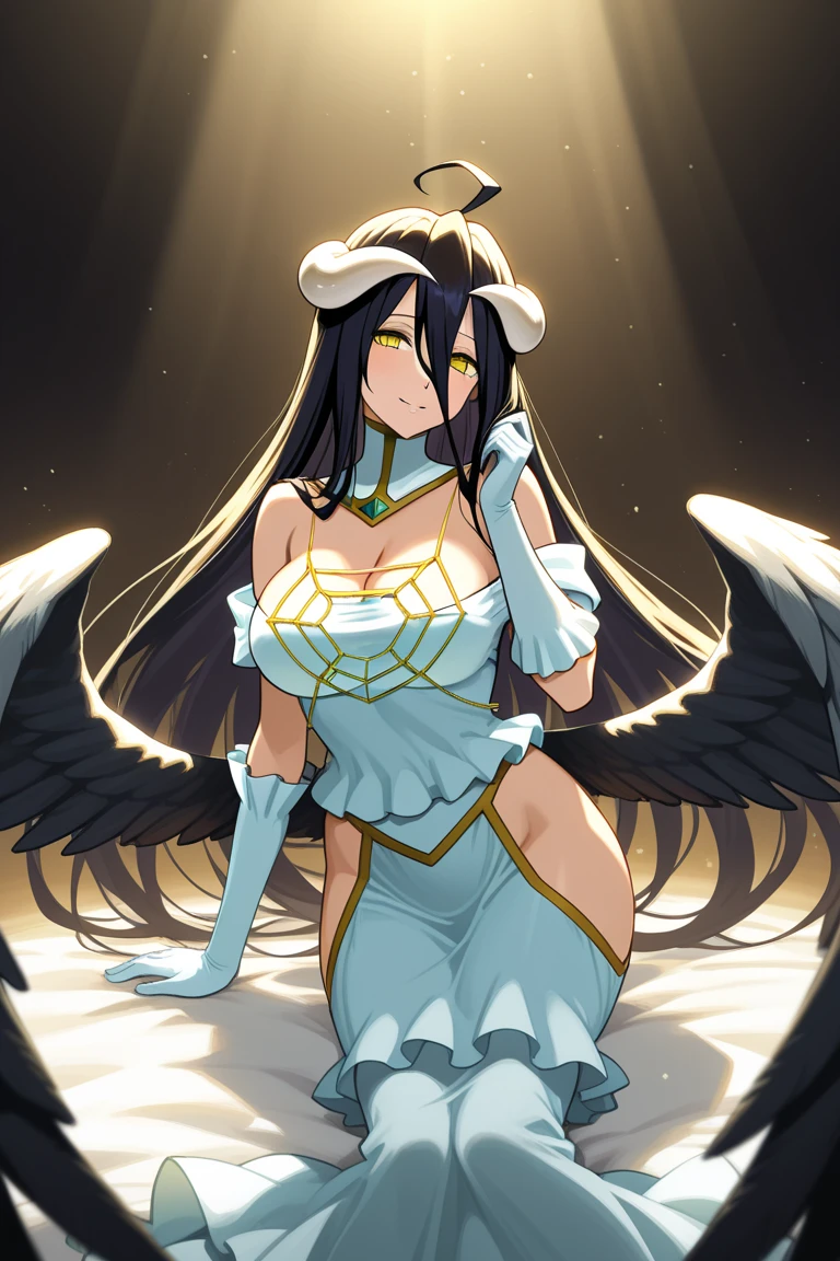 masterpiece, best quality,(colorful), (cat eyes and delicate face), volumetric light, ray tracing, extremely detailed CG unity 8k wallpaper, albedow, yellow eyes, white horns, ahoge, low wings, white dress, looking at viewer, cowboy shot, captivating pose, simple background