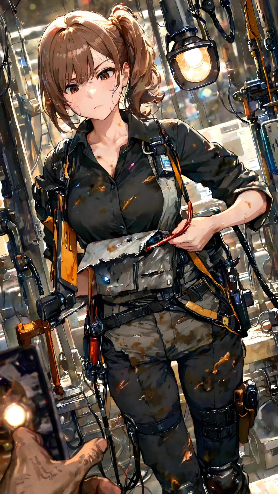 A high-resolution wide-format digital painting depicting a young woman known as '238' in a dynamic pose, severely wounded while dodging steampunk traps in a factory setting at night. She has dark, flawless skin, brown straight hair tied back, and an emotionless face with hazel eyes. Her Victorian-style beige shirt is torn and bloodied, showing her injuries, and prominently features a tag with the number '238' on it. She maneuvers through a hazardous environment filled with gears, steam, and mechanical traps under the cover of night. The background is very dark and ominous, intensifying the perilous atmosphere of the nocturnal factory
