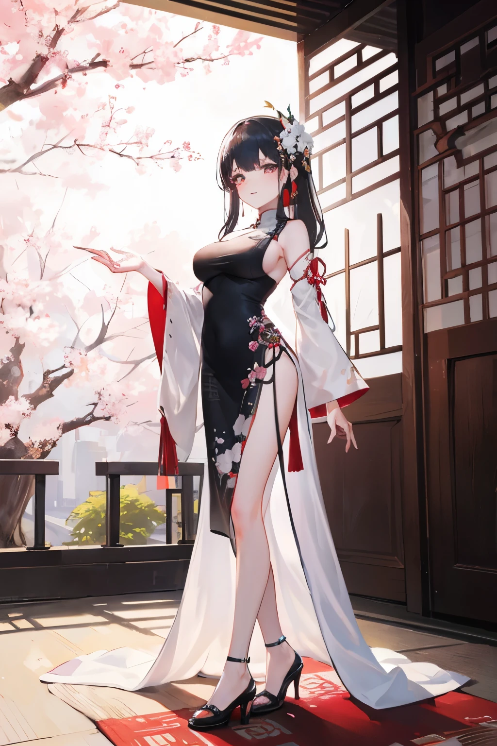 Masterpiece, best, 1 woman, blue cheongsam, mature woman, full body photo, ancient Chinese style, black hair, shoulders, big breasts, smile, white cloth bun bun, white pantyhose lace, white underwear, pale pink lips, embroidery Clothes