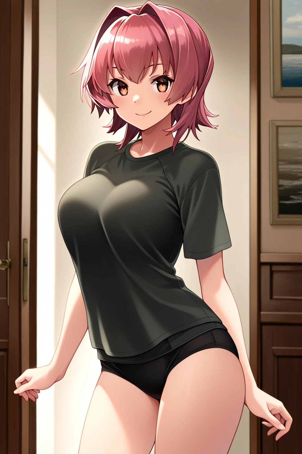 1girl, looking at the viewer, red hair, glasses, shirt, eyes, bangs, midriff, black jeans, horny, blush