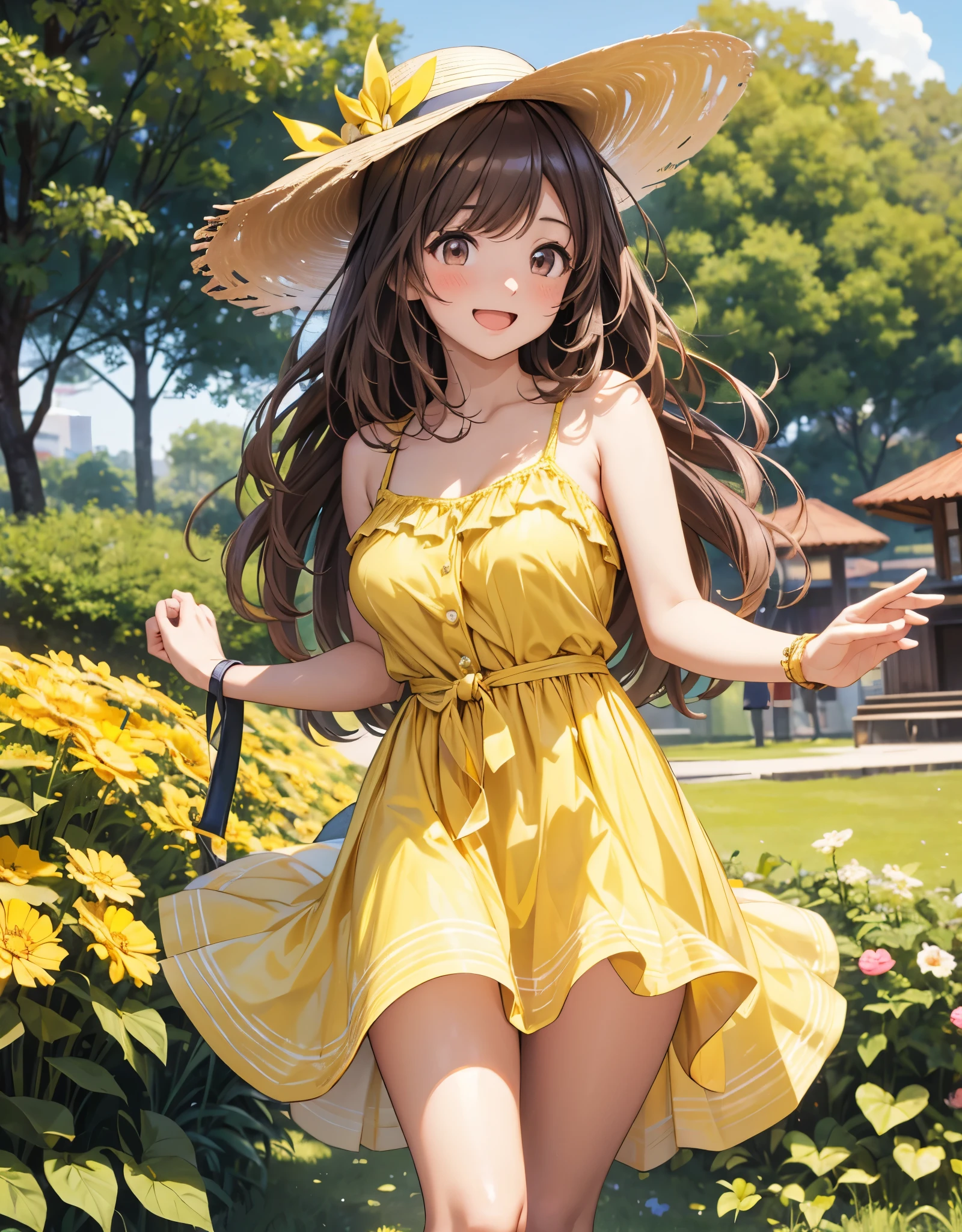 1 girl, solo, high resolution, big breasts, stares away, blush, Smile Yan, long hair, Bang, brown eyes, high resolution, masterpiece, correct, 解剖学的にcorrectです, won many awards , 最 high quality , high resolution, high definition model , high quality , MESH FILM, very detailed, ultra fine, brown hair, is standing, ((( Yellow Dress))), open its mouth and smile々When you see, please highlight your whole body, have fun summer memories at Sapporo Odori Park, sandals, straw hat ,