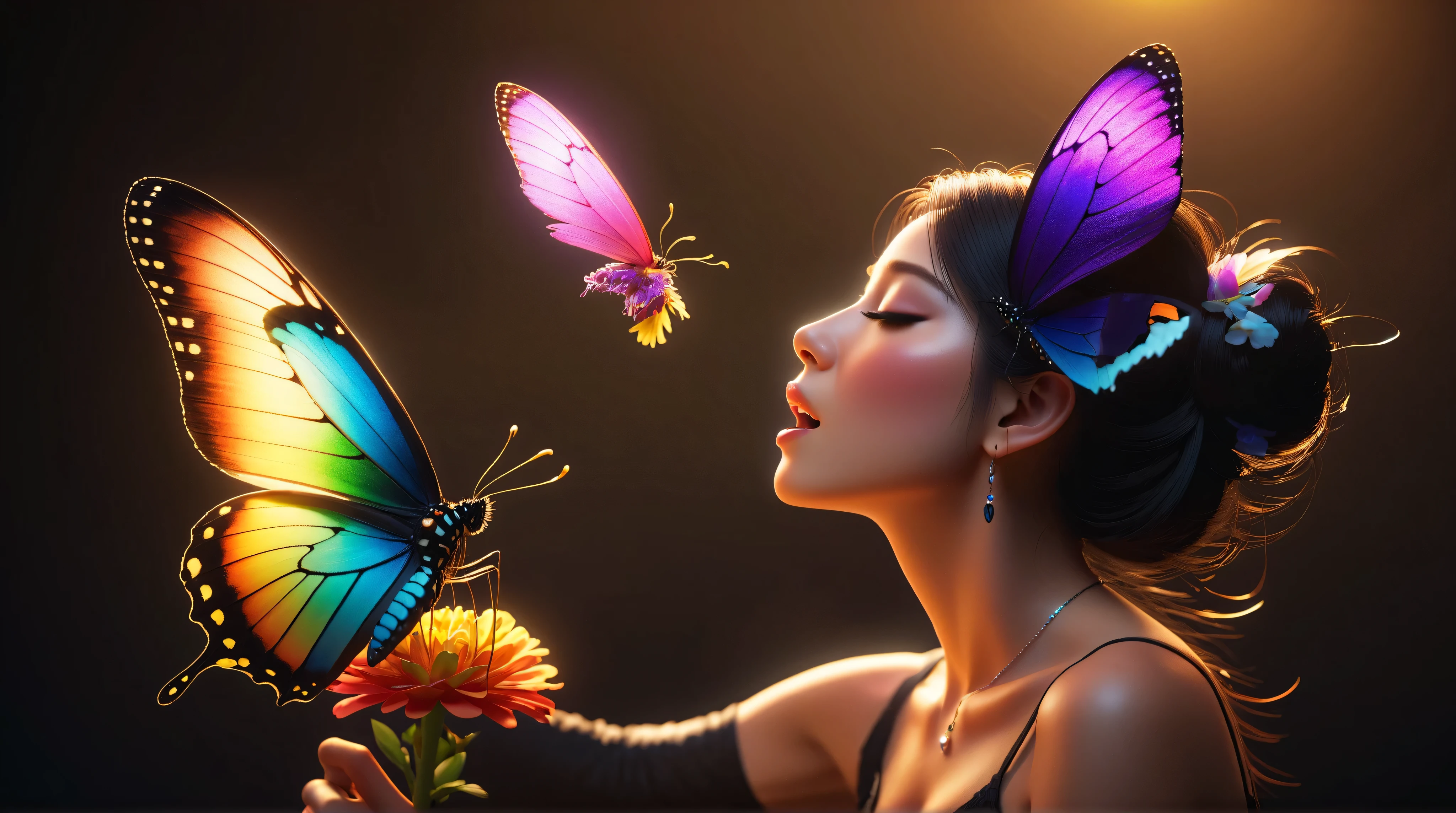a close up of a girl with a butterfly on her head, butterfly on head, beautiful detailed eyes, beautiful detailed lips, smile,extremely detailed eyes and face, long eyelashes, delicate features, serene expression, soft lighting, warm colors, cinematic, portrait, high quality, 8k, realistic, photorealistic