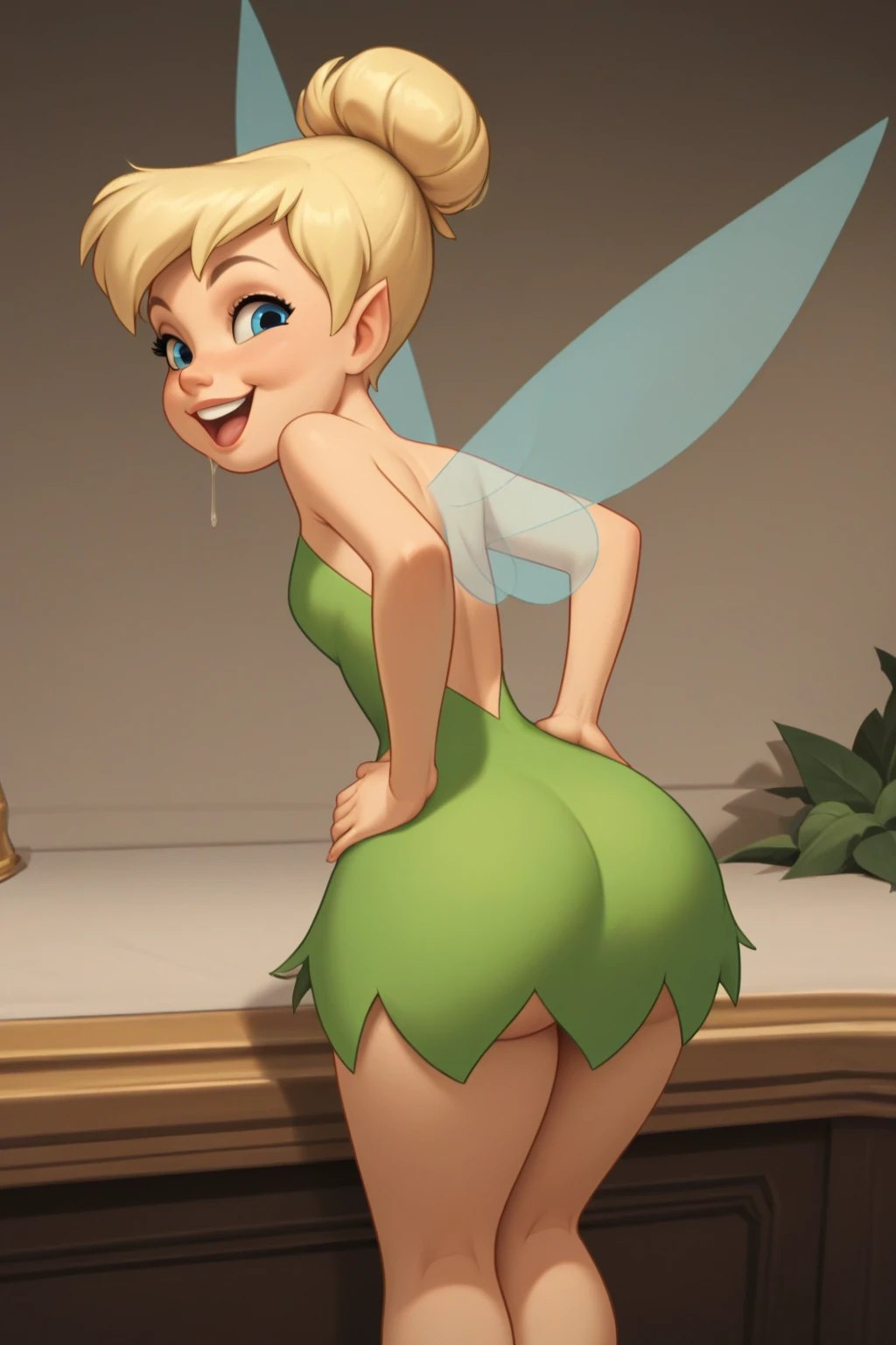 located (flying in the sky), <lora:tinkerbell_character-20:0.7> (TinkerWaifu), strapless green dress, fairy wings, single hair bun, <lora:AnalGapeCreampie-v4:0.65>, ((anal gape)), ((average)), from front, laying on her back, legs up, creampie