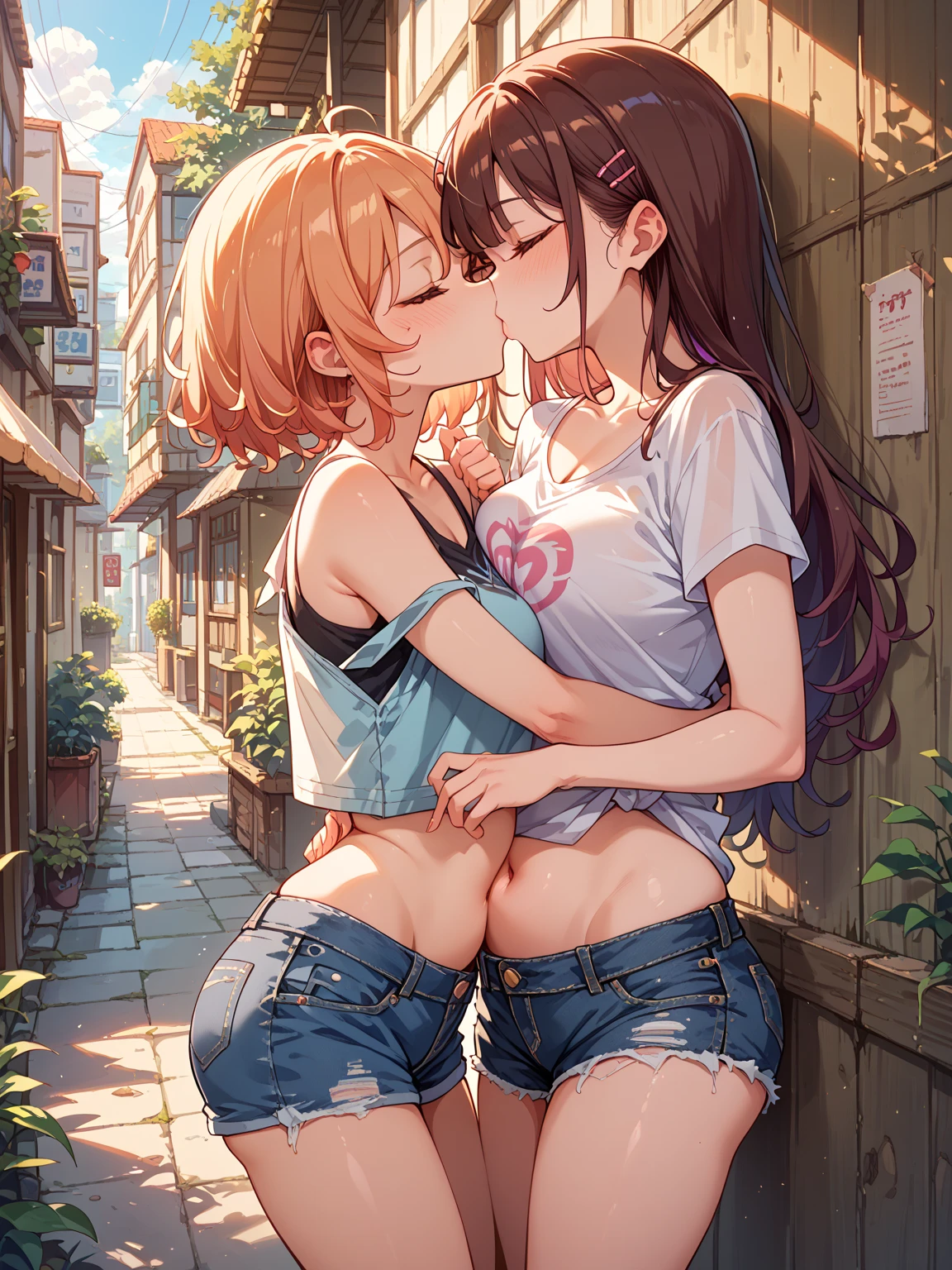 score_9, score_8_up, score_7_up, source_anime, trailer park, 1boy, 1girl, mature female, jean shorts, bikini top, mother and son, baby, son standing, mother kneeling, pulling down mother's shorts, kiss,