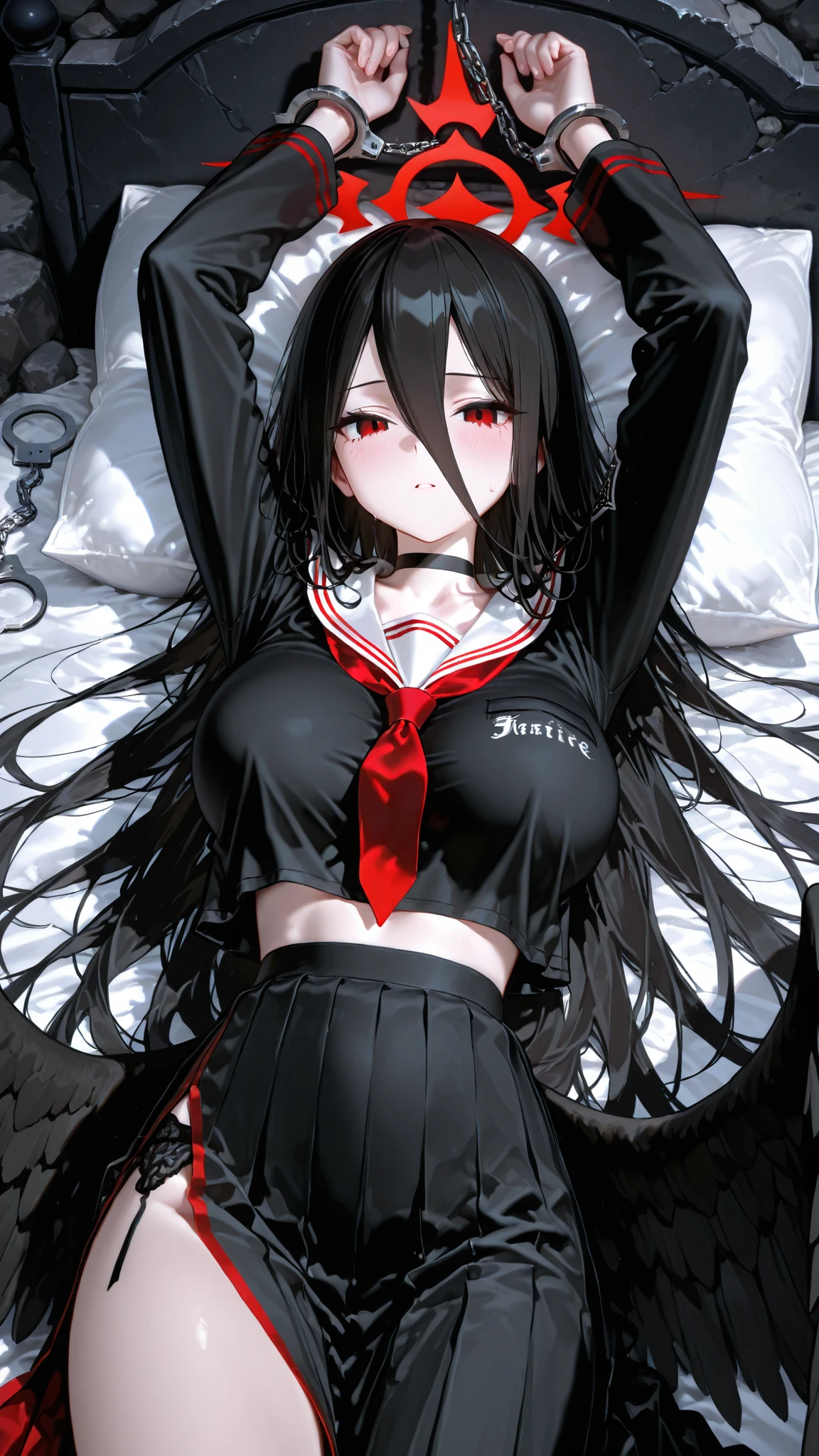 Dark style, black hair, white skin, red eyes, long hair,,underwear,succubus,sitting,Sweat,Soaked,transparent,Squatting