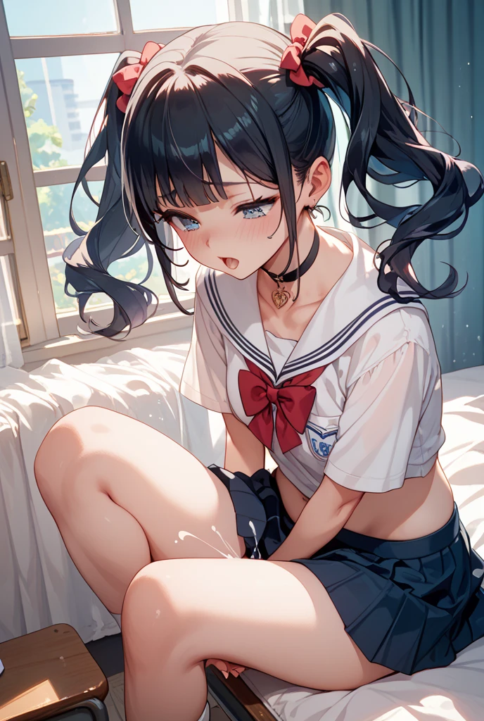 (Best quality, 8k, 32k, Masterpiece, UHD,:1.2),RAW, human, 1girl,ultra cute , ultra cute, natural lighting,transparent shining eyes, 20yo, small breast ,femur, fair complexion , flushed face, suspension, rope, sailor suit, string panties, sailor suit、tied arms, indoors, bondage, shibari, turn your arms behind your back, restrained, leaning forward, feet, brown hair, shy, From above, kneeling, show off panties, medium ponytail