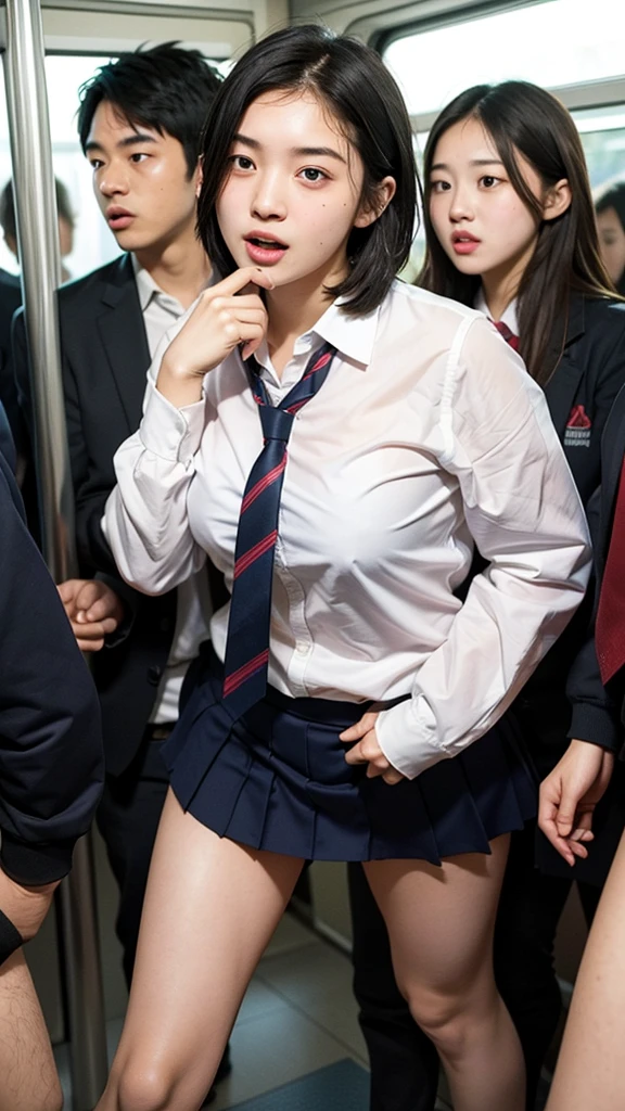 (angle from below:1.5), 1girl, ((15 years old)),((ponytail)), (big breast:1.8), nsfw,((com on face:1.6)), (cum on body:1.6), ((excessive cum:1.8)), ((beautiful anime eyes with fine detail)), (open mouth:1.2), ((Blushing Faces of sexual arousal:1.5)), She's in heat, closed eyes, realistic skin, ((((sailor suit)))), (Navy blue pleated mini skirt), nsfw, (((vaginal,sex))), penis, ((skirt lift:1.5)), ((spread pussy:1.5)), ((thigh-high socks)), Subway train interior background, in a crowded train, (Lots of men on the train), ((penis)),(((erect flesh rods))), men wearing suit pants, man standing behind a girl,