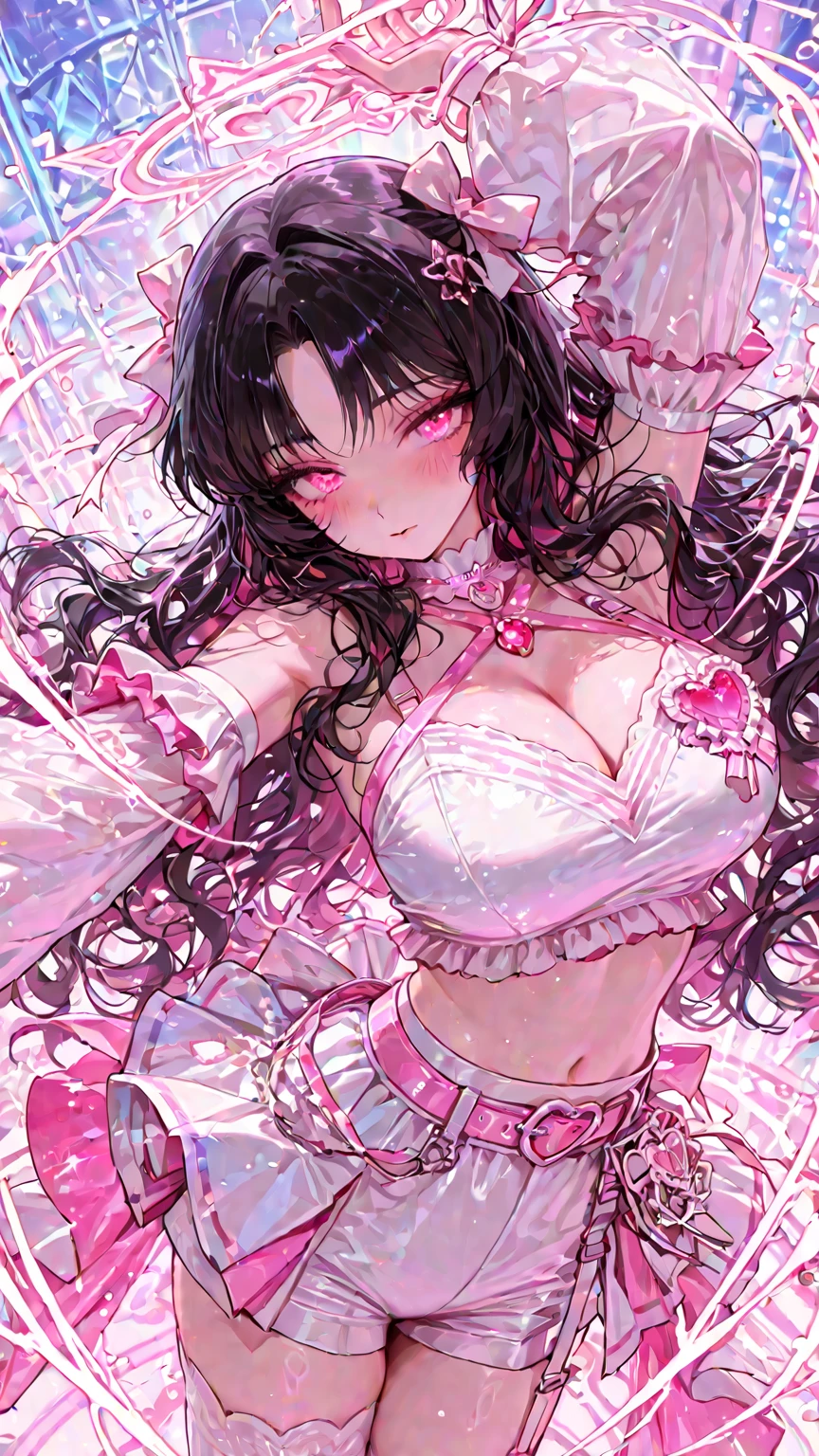 A woman with big ,Black Hair,twintails,Beauty,Black long hair,Bow,Very transparent,pink lucency full dress, ,Premium fabrics,(Lace),Beautiful hair accessories,weak,Sexy,Color,lactation,blush,stage,Bright Light,Dance poses,High Leg Raise,ahegao,